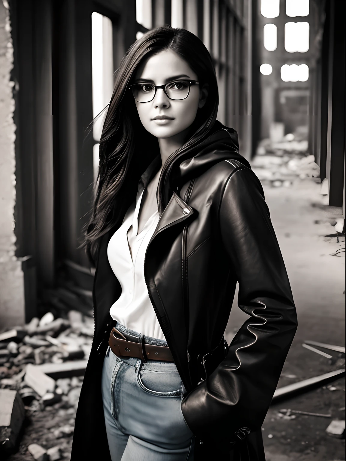 Realistic full-length portrait with graphite pencil; Monochrome image; Modern Young Woman 38 Years Old, round face, Big shiny brown eyes, eyeglasses, One-sided smirk, Long brown thick tousled hair below the shoulder blades, fluttering in the wind; Monochrome photography from the 60s; Cute spicy babe with natural sharp petite breasts; Sarcastic look; Long black coat made of thick leather with hood and patch pockets, White office shirt with unbuttoned top button, torn jeans, Soldier's Belt, high lace-up boots, Fingerless leather gloves; In his left hand, a katana in combat position; Alert behavior; Background: Urban ruins, Destroyed buildings, desolation; full-length full-length monochrome image from a distance of a few meters from the girl