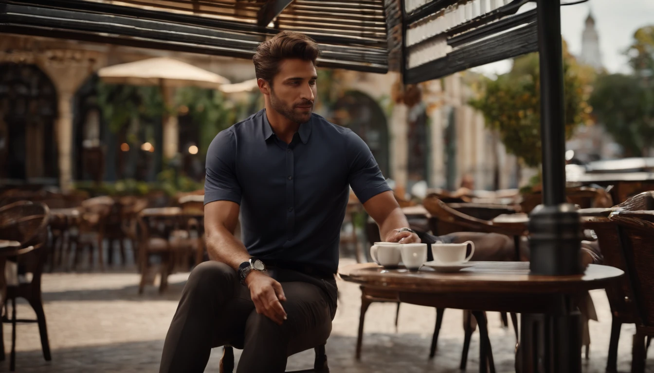model, macho, pele escura, medium-length hair, olhos castanhos escuros, Tshirt preta, Formal Brown Pants, sapatos pretos formais, Enjoy a cup of coffee, Outside the café, meio-dia, VPO 1:5, very realistic, Realistic