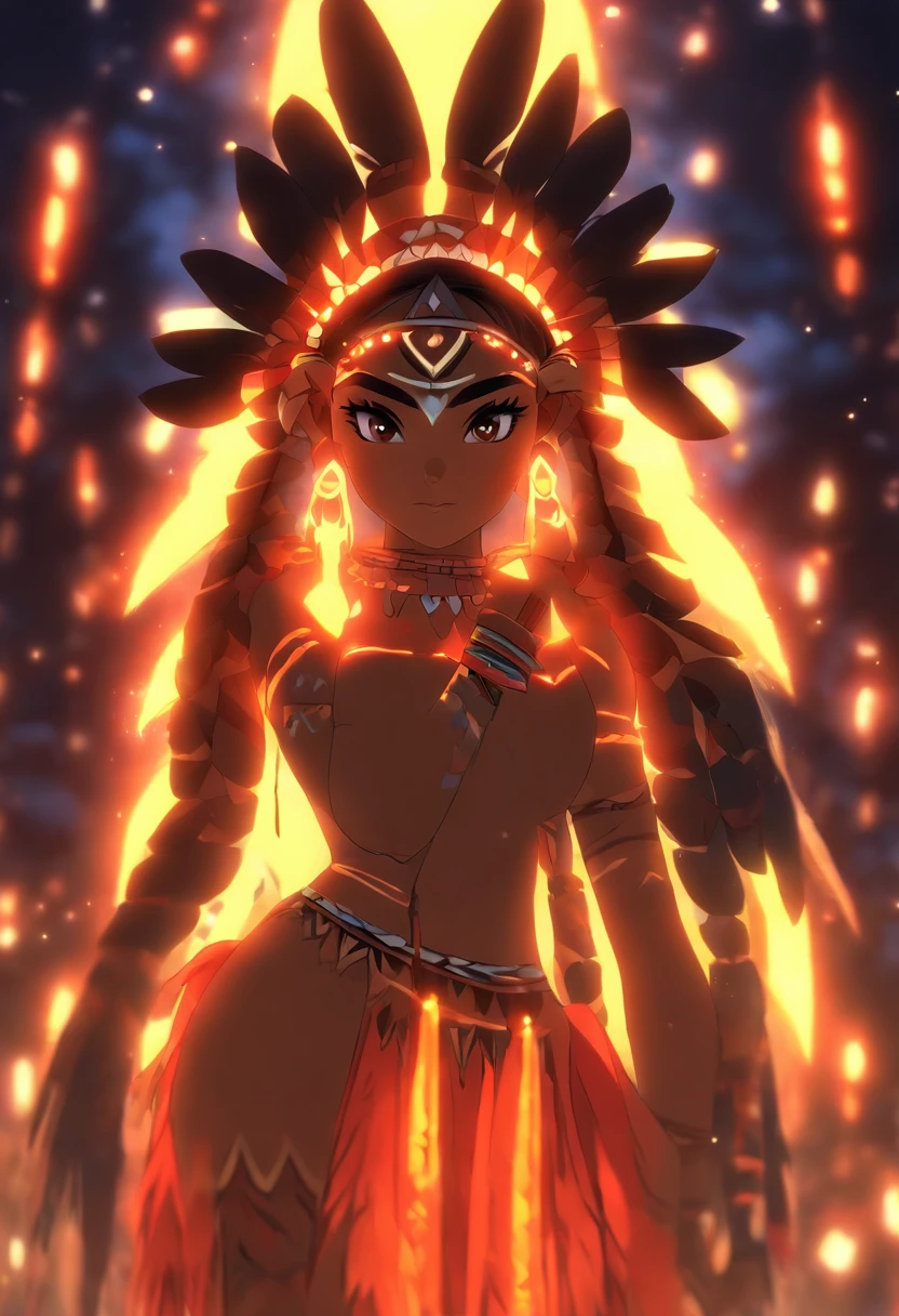 ((Indigenous Goddess))) best quality, very high resolution, 4K detailed CG, master piece,JACI,Indigenous Goddess,Indigenous headdress, moonlight,Moon Goddess,standing,indigenous clothing, Amazon, Brazil, aesthetics, beautiful image , centered on screen, full body