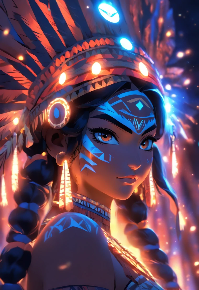 ((Indigenous Goddess))) best quality, very high resolution, 4K detailed CG, master piece,JACI,Indigenous Goddess,Indigenous headdress, moonlight,Moon Goddess,standing,indigenous clothing, Amazon, Brazil, aesthetics, beautiful image , centered on screen, full body