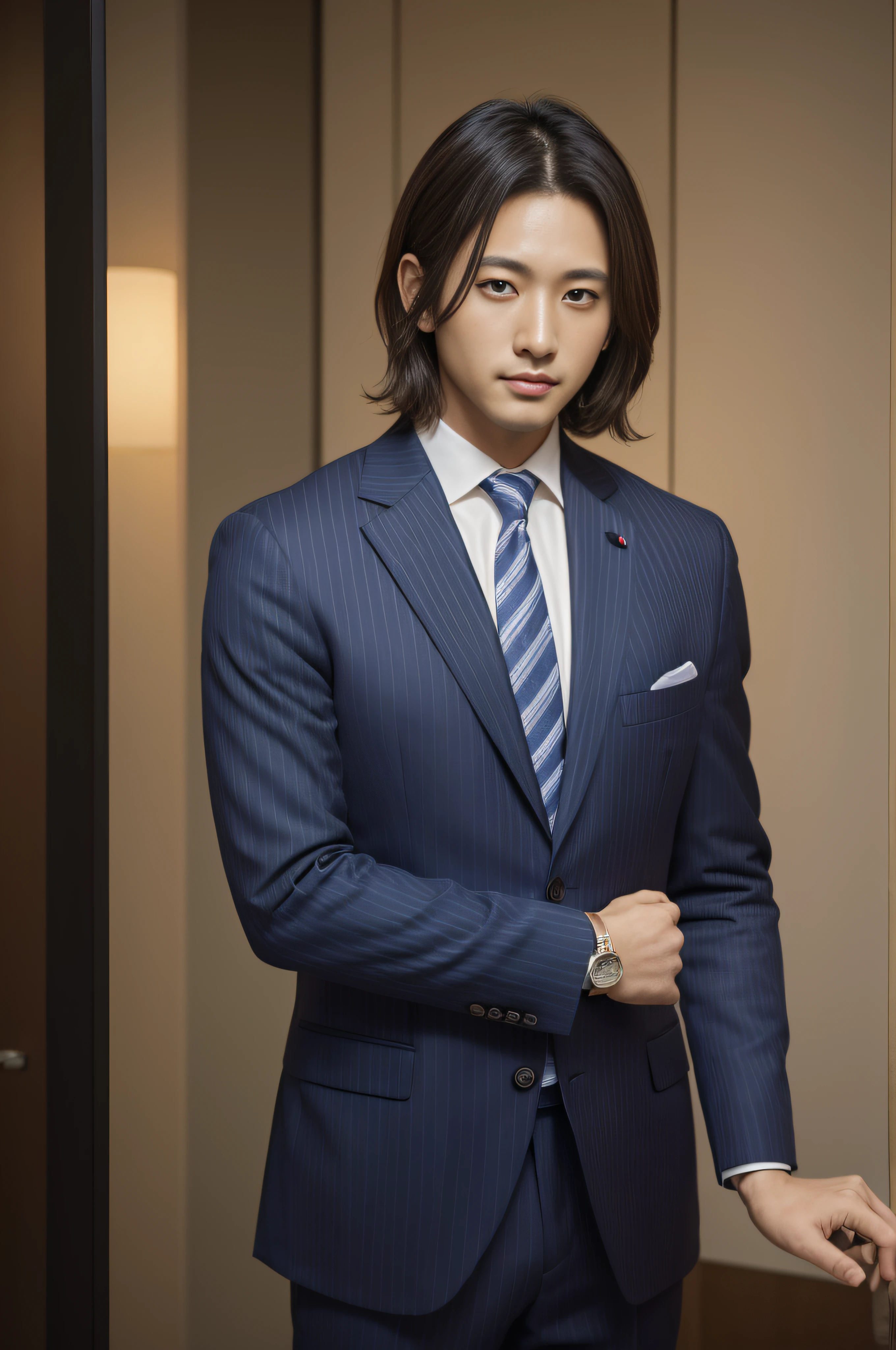 35 year old、Men in Japan、1人、businessman、president、CEO、Standing with arms crossed、Confident face、Ultra-luxury suits、Striped suit、 s Office、Wearing a suit、twinks、(Highly detailed photos in 8K)、(Very detailed handsome man)、beautidful eyes、Photo Real、(top-quality)、ultra-detailliert、masterpiece、An ultra-high picture quality、tall、Very beautiful hair、Bright photo、modeled、idol、luxury watch、
