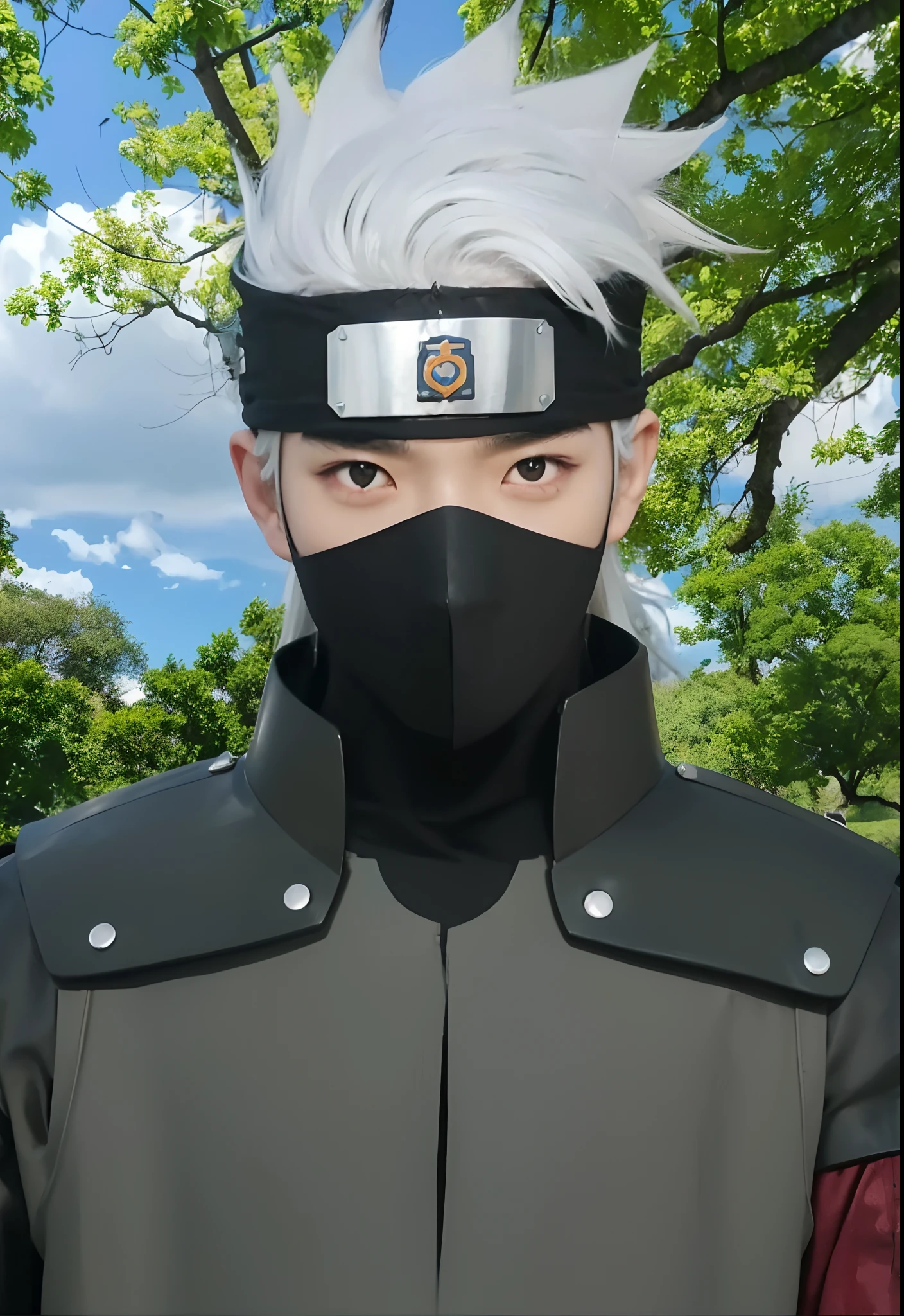 Real life adaption of this character, ((Korean  handsome face)), Realistic eyes,((realistic detail white hair)),((wear realistic black headband with iron plate)), ((realistic same outfit with same iron armor)), hyper realistic, realism, realistic light, realistic shadow,(photorealistic:1.2),Cool expression, realistic background,match with background