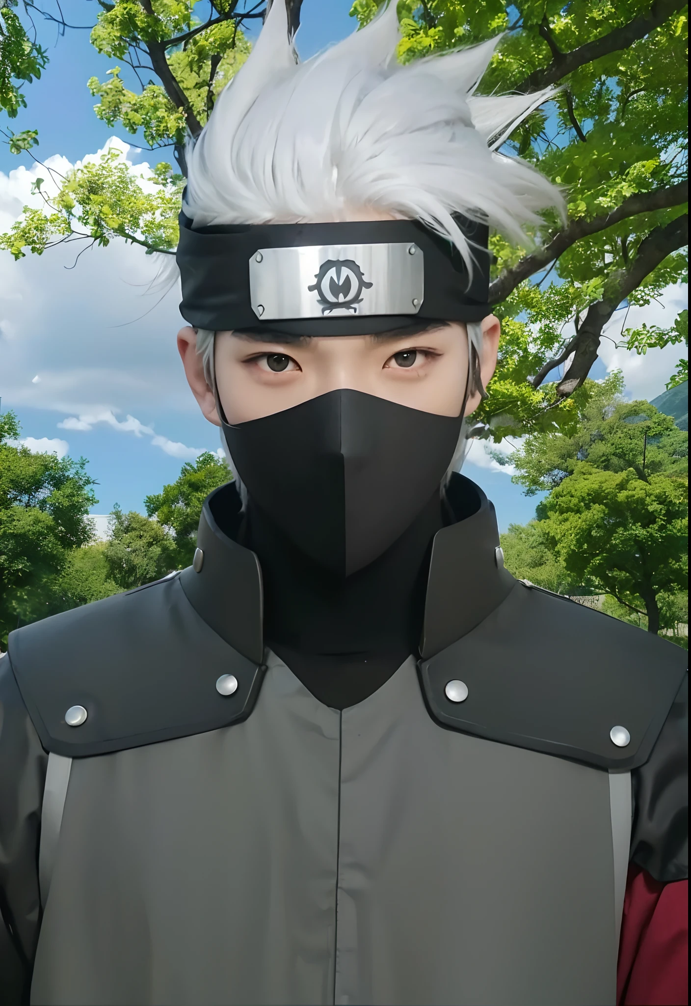 Real life adaption of this character, ((Korean handsome face)), Realistic eyes,((realistic detail white hair)),((wear realistic black headband with iron plate)), ((realistic same outfit with same iron armor)), hyper realistic, realism, realistic light, realistic shadow,(photorealistic:1.2),Cool expression, realistic background,match with background
