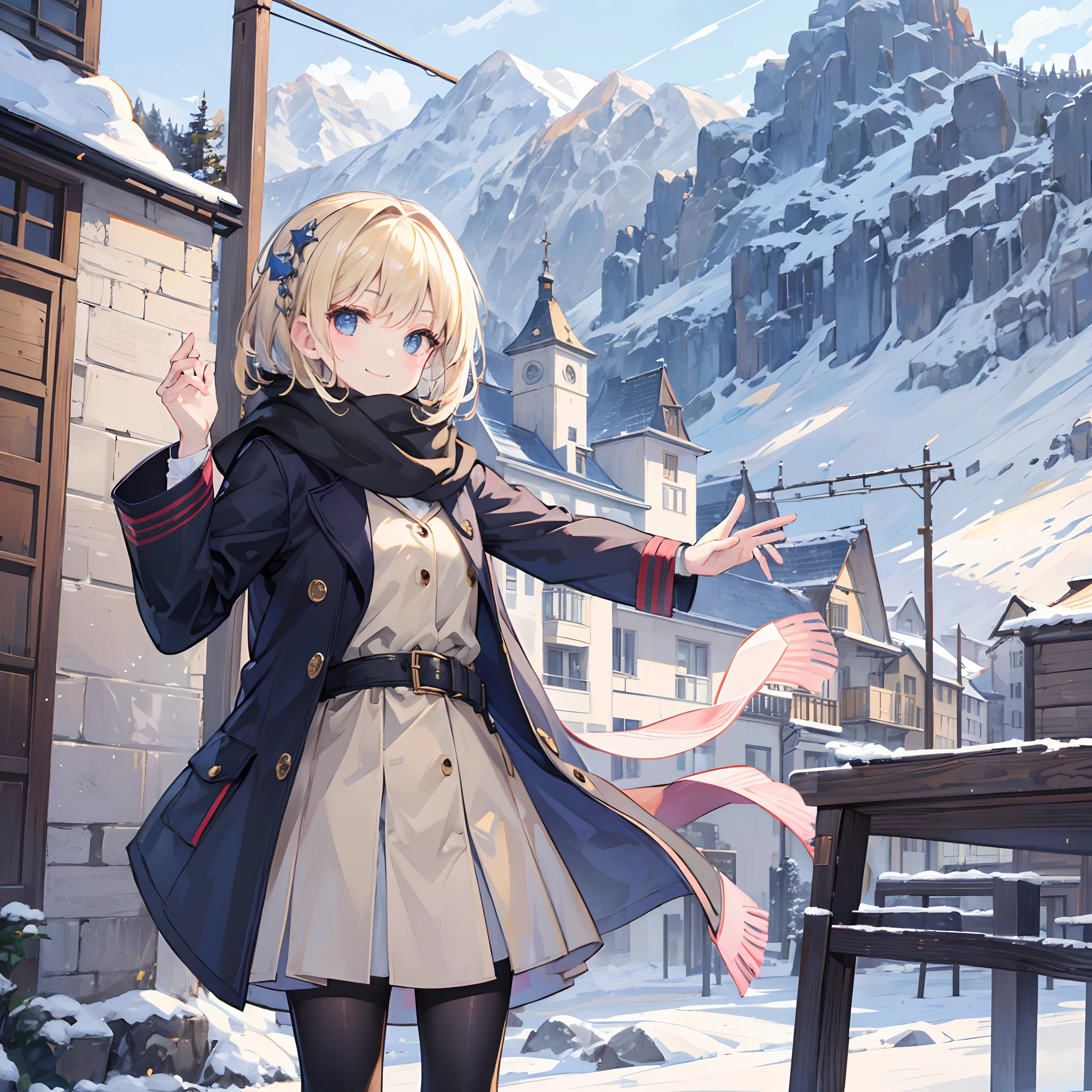 Masterpiece, 1 girl, smiling, european, winter coat, scarf, skirt, (small) chillerism, short blonde hair, alpine village