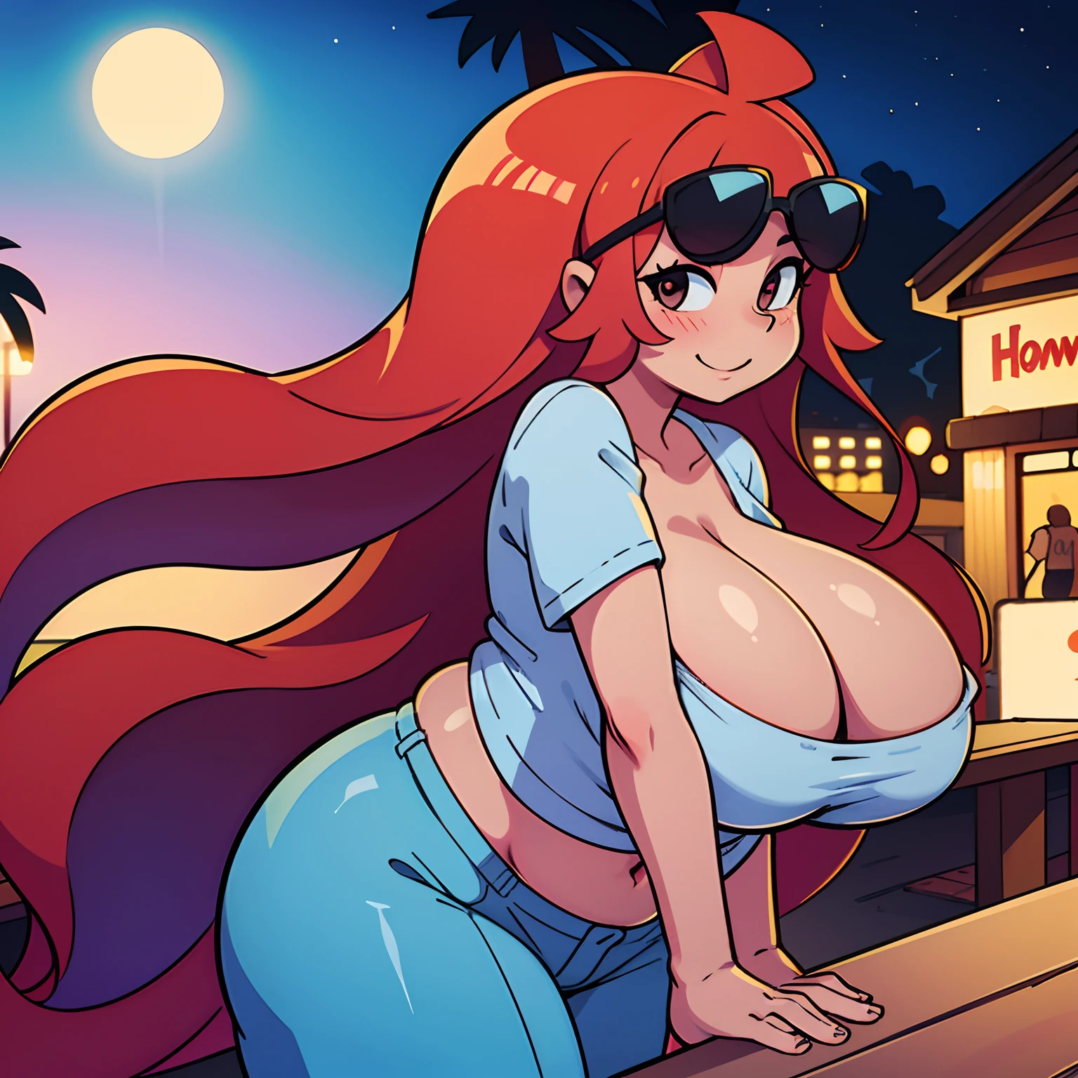 Bbw on the boardwalk at night, enormous belly, huge breasts, sun glasses, summer clothes, long hair, nice hands, high quality