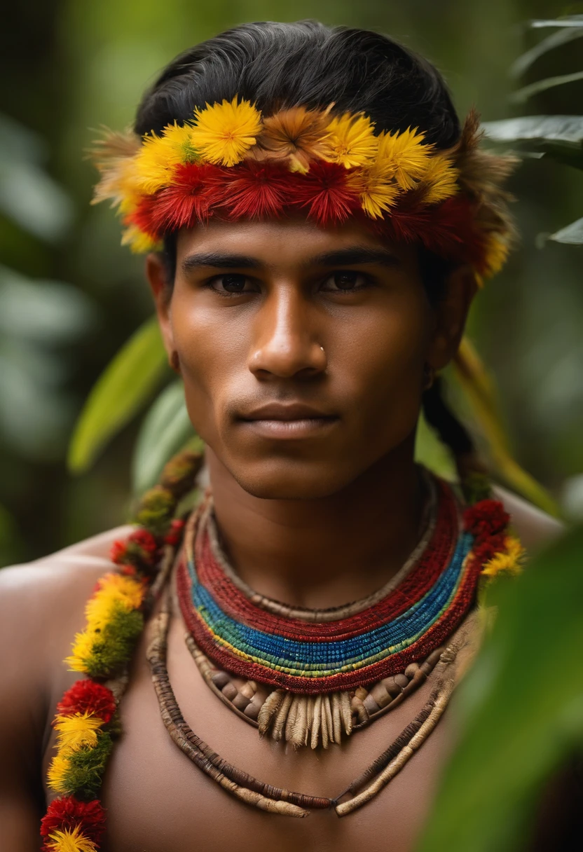 A 22-year-old indigenous Brazilian, cabelos escuros e curtos, retratado dos ombros para cima. Her face has paint and her head feather ornaments .He's distracted, in profile with his face turned upside down looking at the dense Amazon jungle in front of him. Selva colorida,Their expression reflects curiosity and contemplation. A scenery all around is lush and vibrant , com diversas cores de folhas e plantas. Golden sunlight penetrates through the trees, Creating Shadow Patterns and Enhancing the Texture of Leaves. The indigenous person wears traditional clothes of the tribe, decoradas com elementos naturais, como penas e fibras vegetais. The image is highly detailed, with an 8K resolution and sharp focus on the indigenous person's face and surrounding vegetation, Capturing the young man's magical atmosphere and connection to the Amazon rainforest."