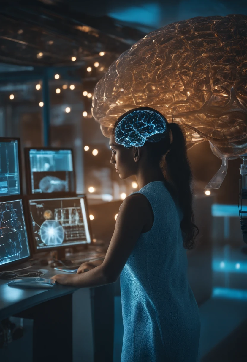 a girl in a neuroscience lab, intricate brain models, advanced brain scanning techniques, scientists discussing research findings, cutting-edge technology, vibrant colors, soft ambient lighting, ultra-detailed brain structure, realistic textures, scientific accuracy, MRI, fMRI, EEG, neural pathways, neuron firing patterns, intricate metal machinery, busy lab environment, innovative experiments, futuristic lab equipment, brain research breakthroughs, detailed brain anatomy, high-resolution brain images, precise scientific measurements, brain activity visualization