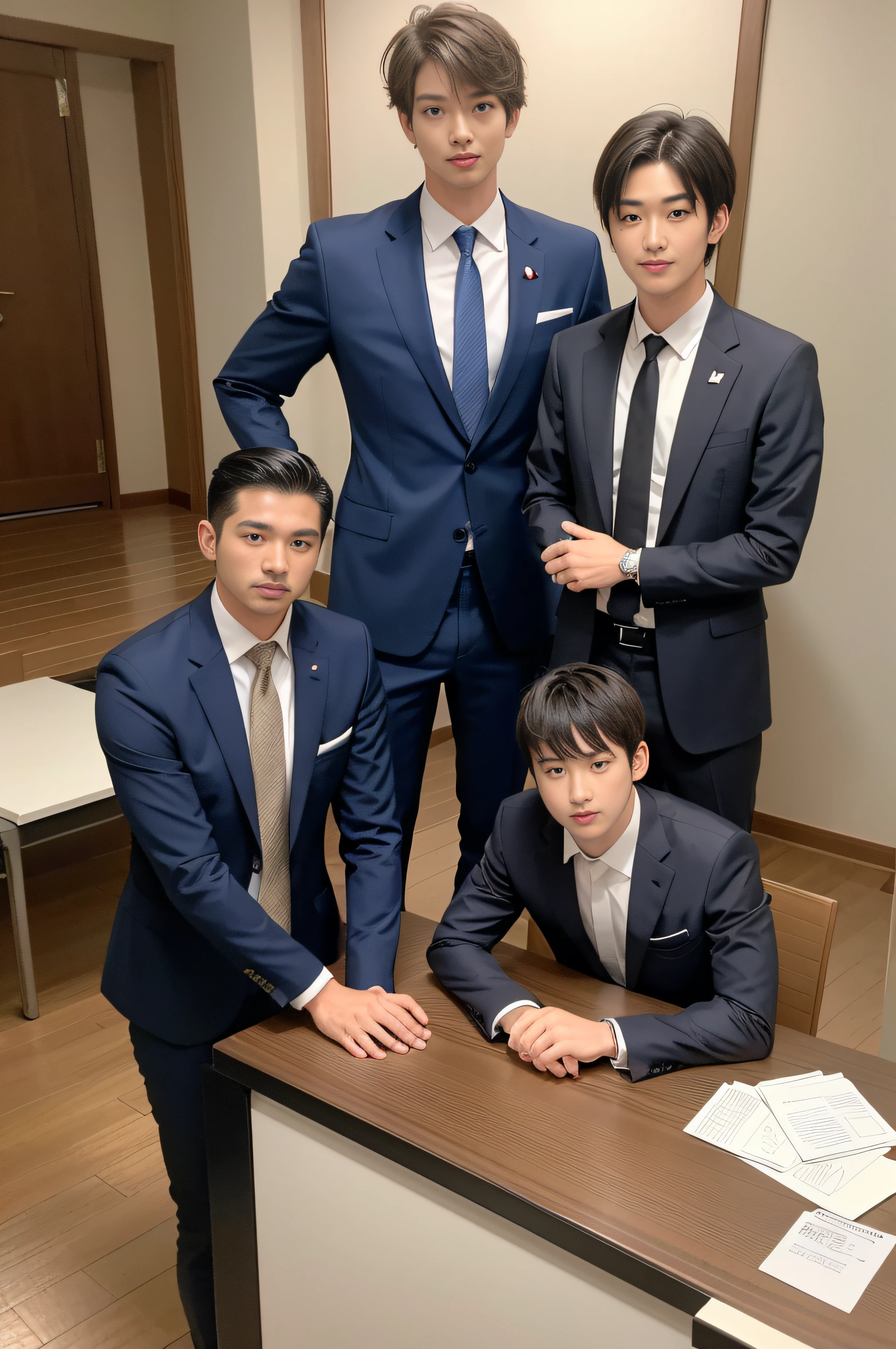 23years old、Men in Japan、1人、businessman、Standing with arms crossed、Confident face、Ultra-luxury suits、Striped suit、 s Office、Wearing a suit、twinks、(Highly detailed photos in 8K)、(Very detailed handsome man)、beautidful eyes、Photo Real、(top-quality)、ultra-detailliert、masterpiece、An ultra-high picture quality、tall、Very beautiful hair、Bright photo、modeled、idol、luxury watch、