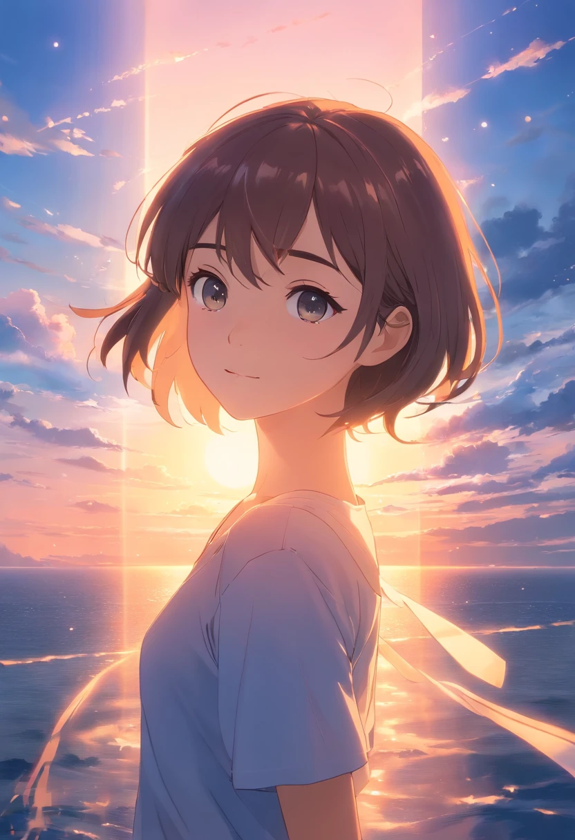 ​masterpiece、top-quality、Movie stills、1girl、Ray beauty、floating in sky、a closeup、发光、happiness、Warm soft lighting、the setting sun、(Spark:0.7)