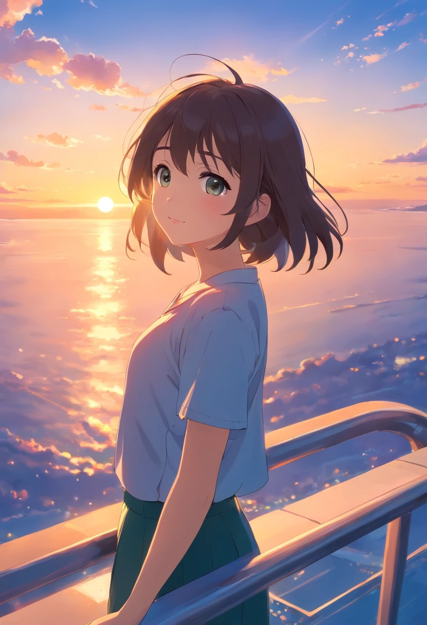 ​masterpiece、top-quality、Movie stills、1girl、Ray beauty、floating in sky、a closeup、发光、happiness、Warm soft lighting、the setting sun、(Spark:0.7)