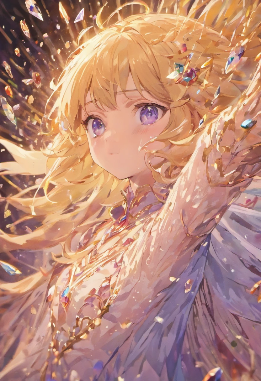 (masterpiece),best quality,depth of field,glass shards,simple background,1girl,solo,hand by Guido Daniele,looking at viewer,((reaching out)),open hand,tears, upper body,((straight-on)),(Blonde and Pink Hair), deep Purple Clear Eyes,((Beautiful, detailed eyes, jewel-like eyes, sparkling eyes:1.3)), pregnant