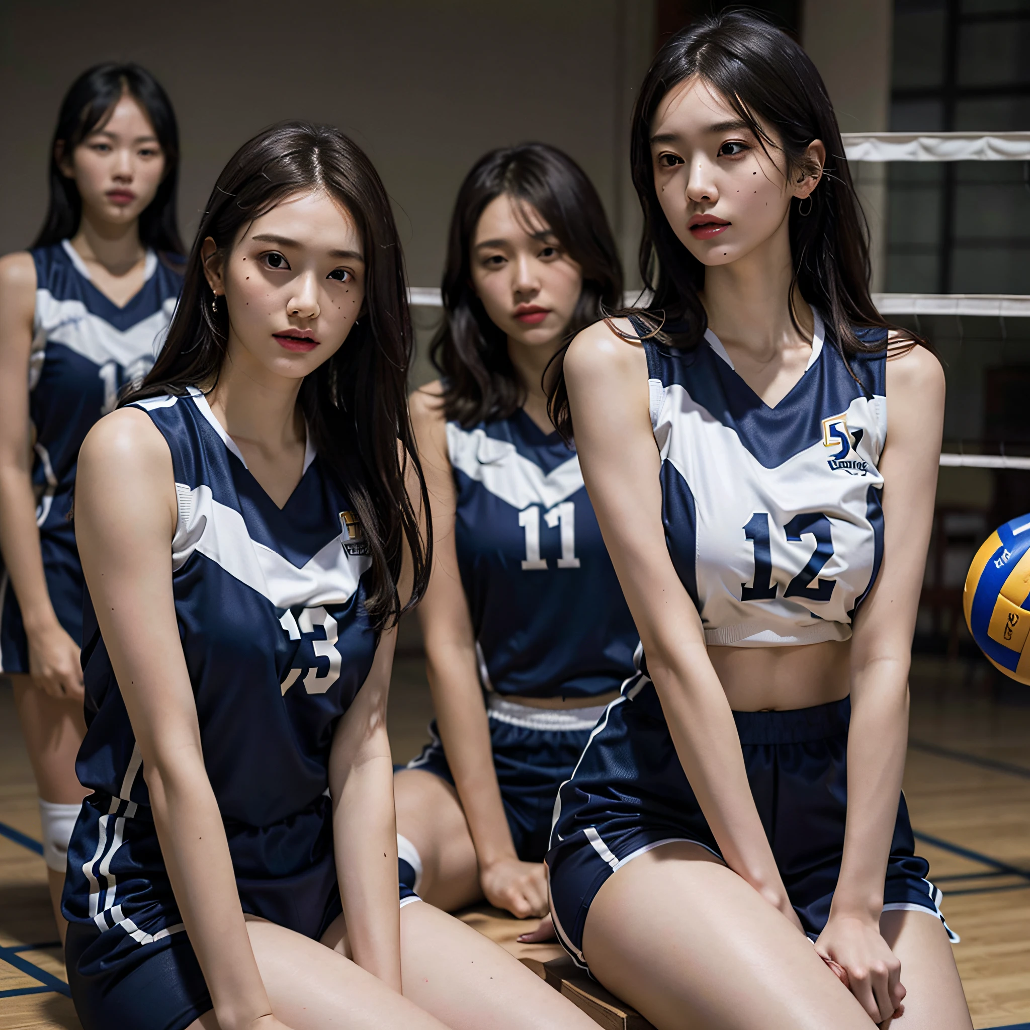 absurdres, RAW photo, extremely delicate and beautiful, masterpiece, Best Quality, ultra high resolution, 16k, hyperrealistic, ultra-detailed, Very detailed CG 8k wallpaper, Beautiful Lighting, Perfect Lightning, Realistic Shadows, perfect ???????, super Detailed skin, perfect figure, Japanese woman, in her 20s, very Slim body, narrow waist, very small head, handsome detailed woman, very detailed eyes and face, realistic face proportions, Stunning detailed eyes, Realistic beautiful face, very small face, Realistic small beautiful eyes, double eyelids, makeup, tearful mole, mole on ?????, earring, ???? legs, beautiful and very thin legs, beautiful and very thin thighs, (((very huge round ???????))), short hair, wavy hair, sweat, (full body shot), (((((3 girls))))), (((volleyball uniform))), sleeveless, ???? arms, ???? legs, tight-fitting, midriff peek