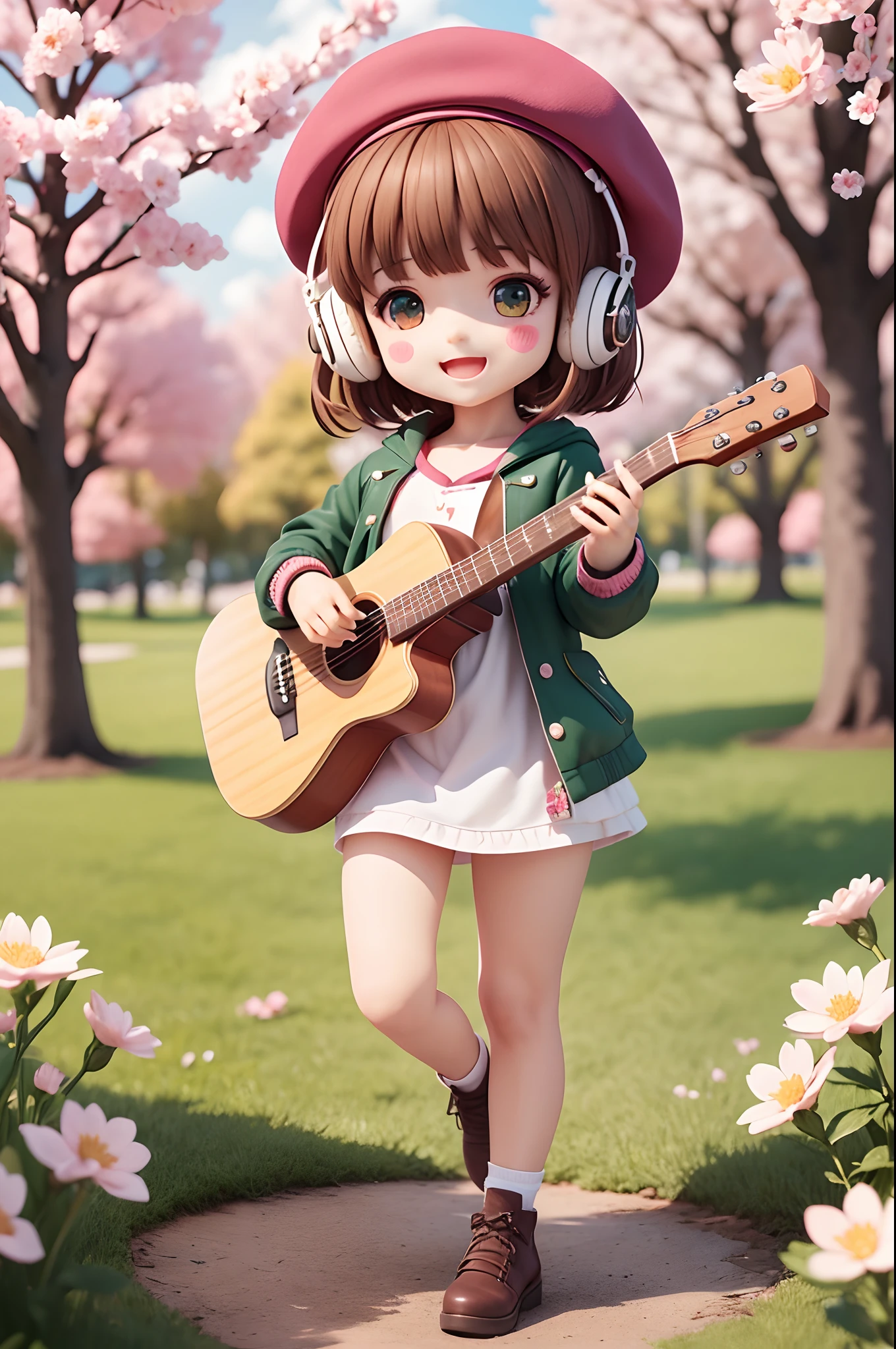 (masterpiece),(best quality),(ultra-detailed), (full body:1.2), 1boy,chibi,cute, smile, open mouth, flower, outdoors, playing guitar, music, beret, holding guitar, jacket, blush, tree, :3, shirt, short hair, cherry blossoms, green headwear, blurry, brown hair, blush stickers, long sleeves, bangs, headphones, black hair, pink flower, (beautiful detailed face), (beautiful detailed eyes),