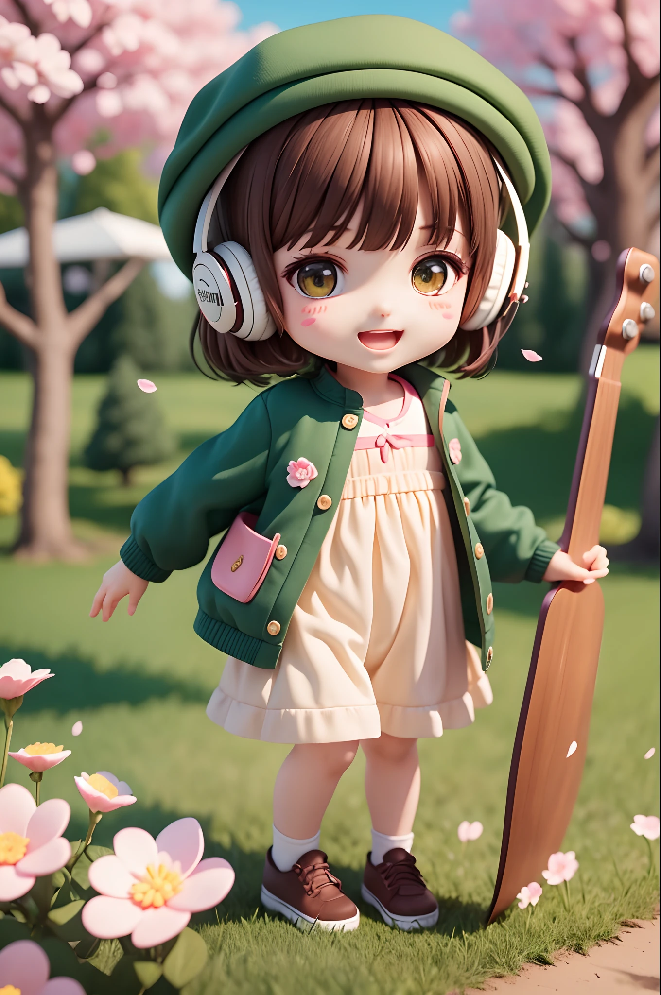 (masterpiece),(best quality),(ultra-detailed), (full body:1.2), 1boy,chibi,cute, smile, open mouth, flower, outdoors, playing guitar, music, beret, holding guitar, jacket, blush, tree, :3, shirt, short hair, cherry blossoms, green headwear, blurry, brown hair, blush stickers, long sleeves, bangs, headphones, black hair, pink flower, (beautiful detailed face), (beautiful detailed eyes),
