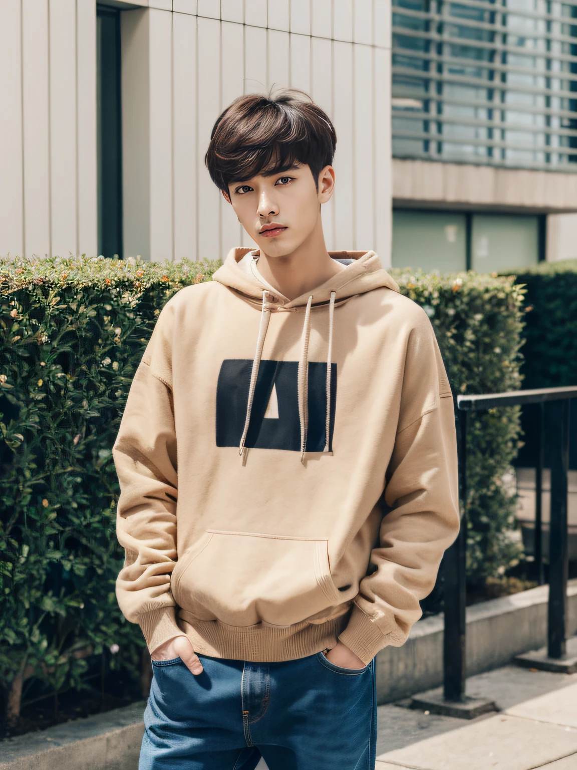 (RAW photo:1.2), (Photorealistic:1.4),Beautiful detailed woman,very detailed eyes and faces, A detailed eye, ultra - detailed, A high resolution, The is very detailed,best qualtiy,illustratio,unified,8k 壁纸,tmasterpiece,best qualtiy,A group of boys stood,Handsome young man,Tall guy,short detailed hair,looking at viewert, full bodyesbian,brown hair,Sweatshirt,denim pant,athletic sneakers,buliding