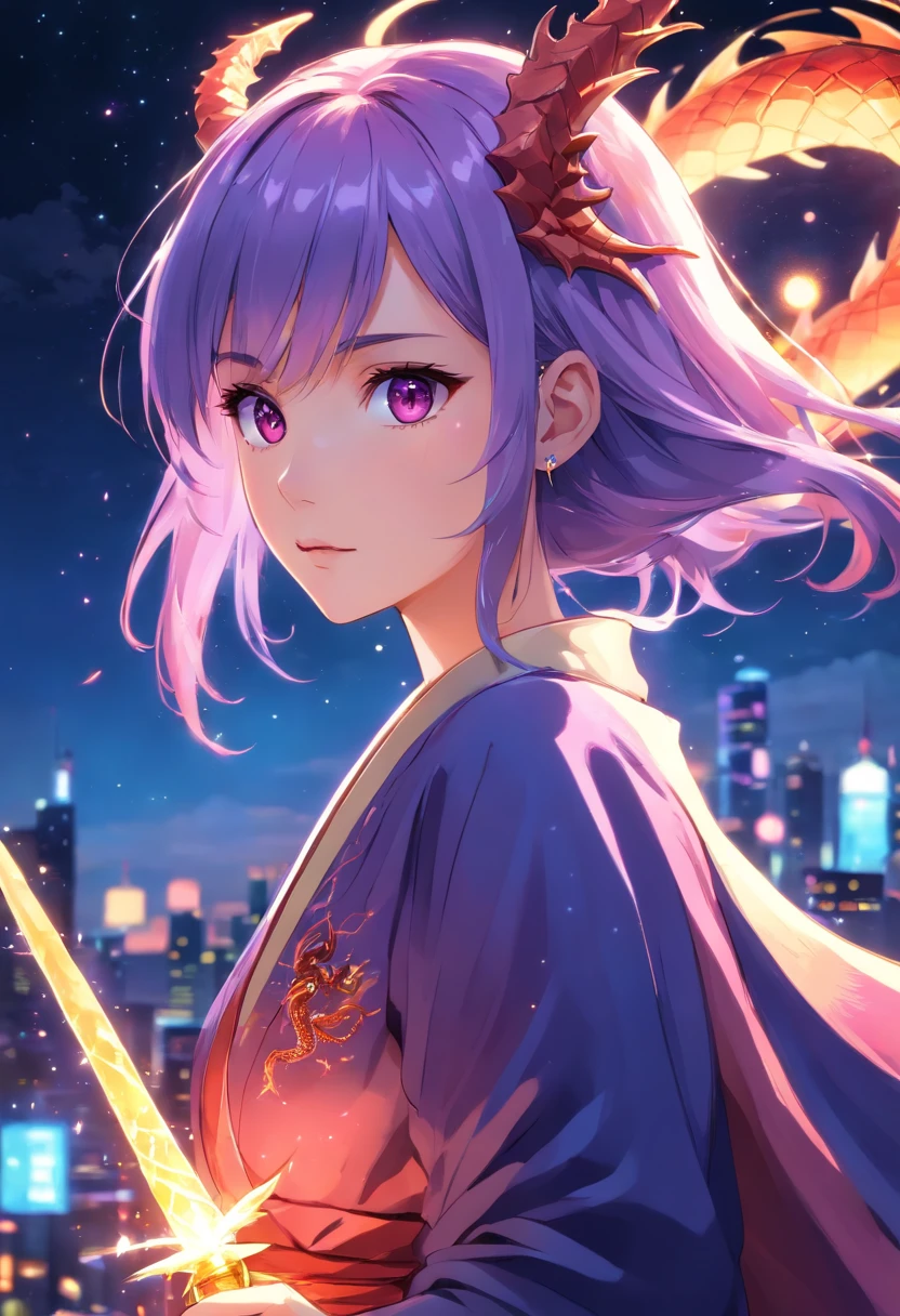 masterpiece, best quality ultra-realistic mix fantasy,(1 giant eastern dragon:1.3) behind an asian woman holding a glowing sword,void energy diamond sword, in the style of dark azure and light azure, mixes realistic and fantastical elements, vibrant manga, uhd image, glassy translucence, vibrant illustrations, ultra realistic, long hair, straight hair, light purple hair,head jewelly, jewelly, shawls,light In eyes, red eyes, portrait, firefly, bokeh, mysterious, fantasy, cloud, abstract, colorful background, night sky, flame, very detailed, high resolution, sharp, sharp image, 4k, 8k, masterpiece, best quality, magic effect, (high contrast:1.4), dream art, diamond, skin detail, face detail, eyes detail, mysterious colorful background, dark blue themes