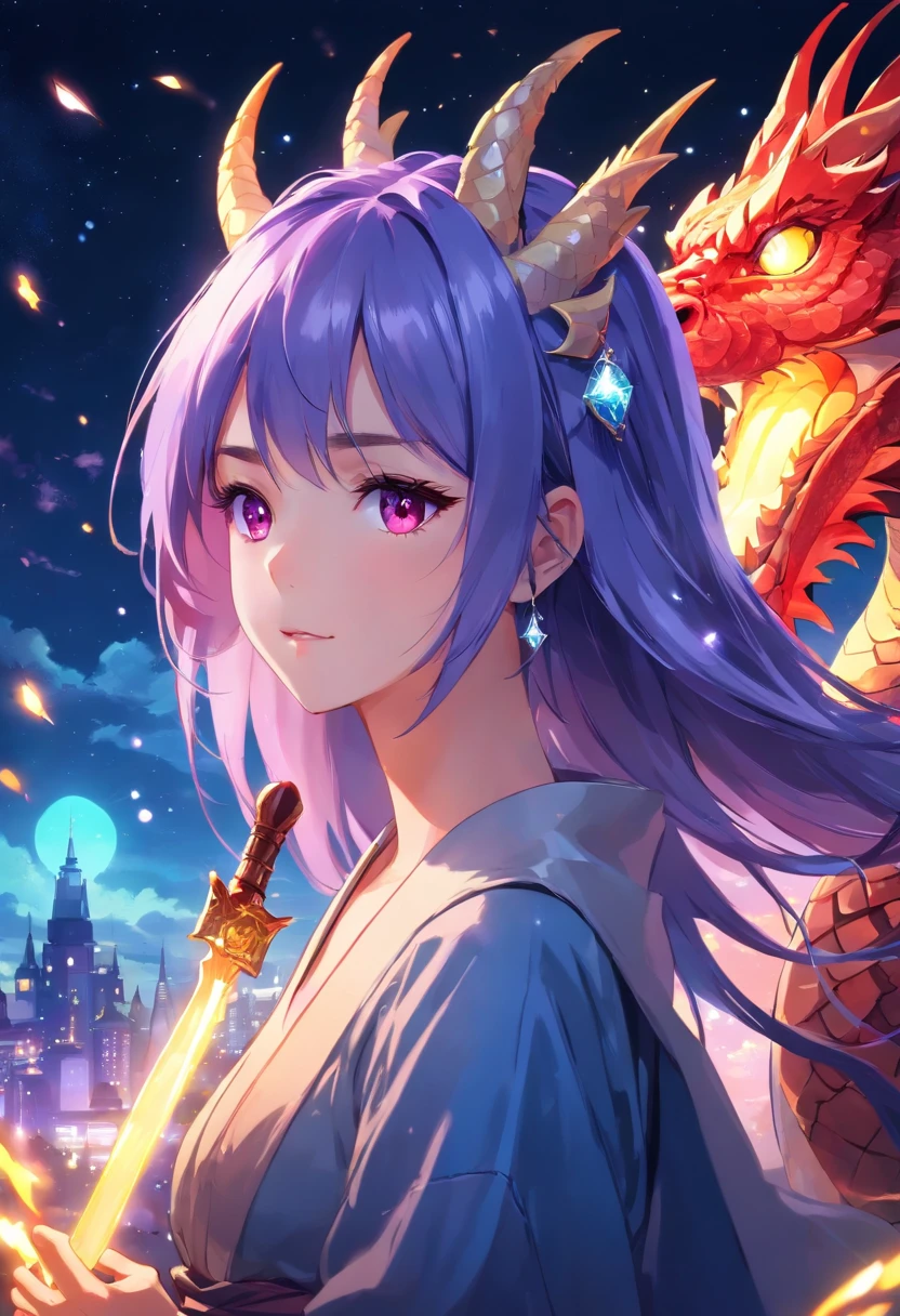 masterpiece, best quality ultra-realistic mix fantasy,(1 giant eastern dragon:1.3) behind an asian woman holding a glowing sword,void energy diamond sword, in the style of dark azure and light azure, mixes realistic and fantastical elements, vibrant manga, uhd image, glassy translucence, vibrant illustrations, ultra realistic, long hair, straight hair, light purple hair,head jewelly, jewelly, shawls,light In eyes, red eyes, portrait, firefly, bokeh, mysterious, fantasy, cloud, abstract, colorful background, night sky, flame, very detailed, high resolution, sharp, sharp image, 4k, 8k, masterpiece, best quality, magic effect, (high contrast:1.4), dream art, diamond, skin detail, face detail, eyes detail, mysterious colorful background, dark blue themes
