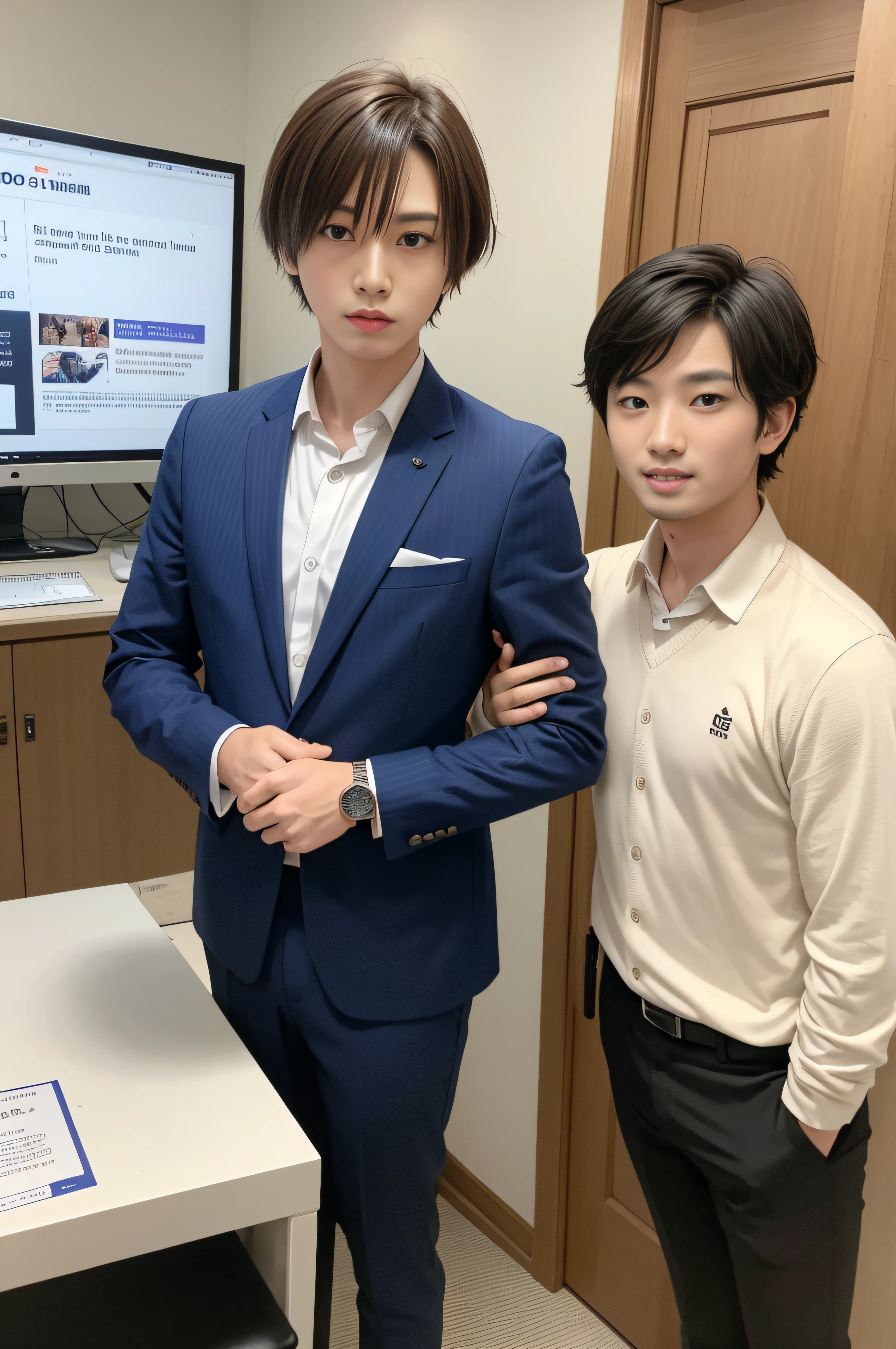 23years old、Men in Japan、1人、businessman、Standing with arms crossed、Confident face、Ultra-luxury suits、Striped suit、 s Office、Wearing a suit、twinks、(Highly detailed photos in 8K)、(Very detailed handsome man)、beautidful eyes、Photo Real、(top-quality)、ultra-detailliert、masterpiece、An ultra-high picture quality、tall、Very beautiful hair、Bright photo、modeled、idol、luxury watch、