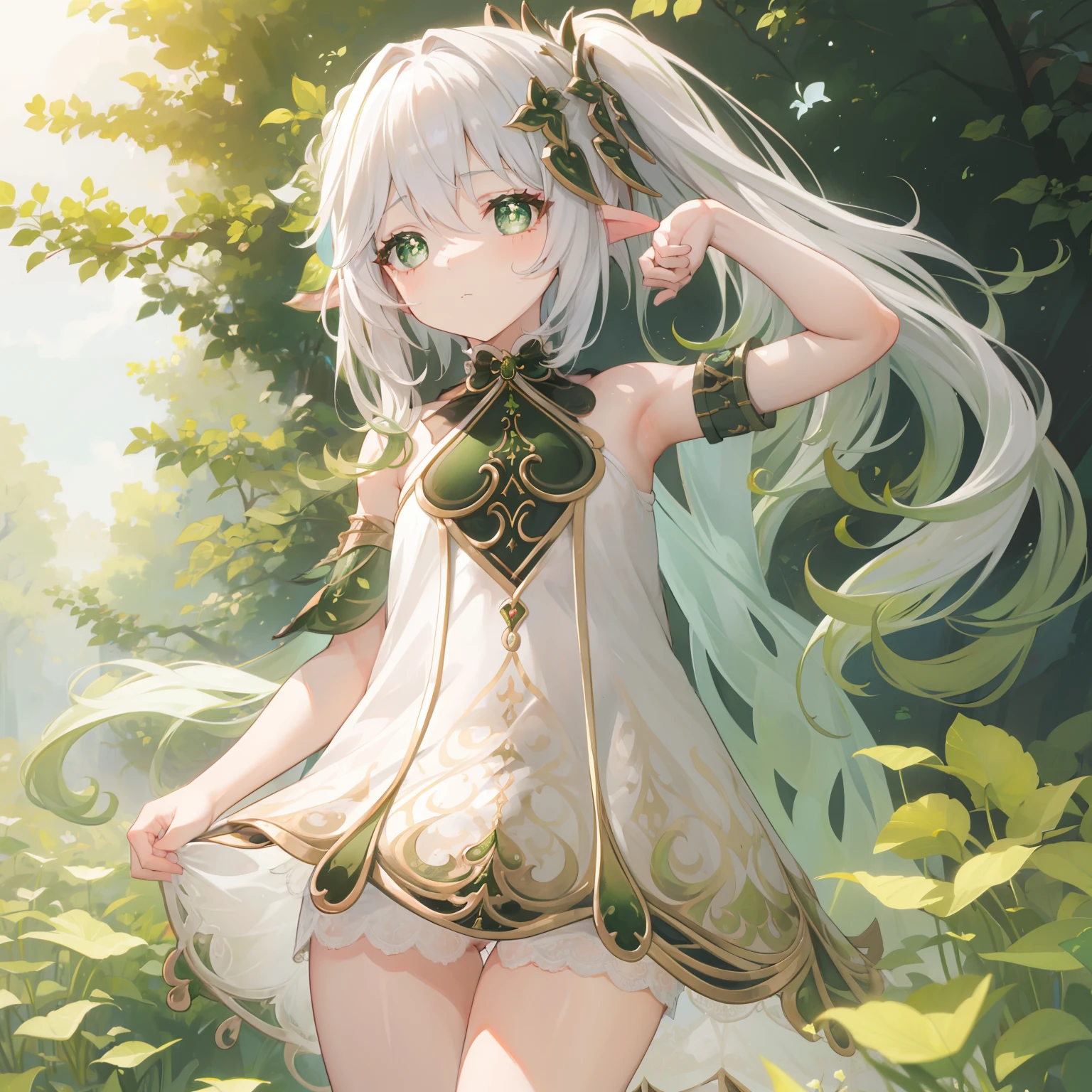 Nahida, 1girl, white hair, high quality, best quality, masterpiece, (highly detailed:1.2), (extremely detailed:1.3), flat chest, string ribbon, high-waisted skirt, blouse, bare shoulders, armpits
