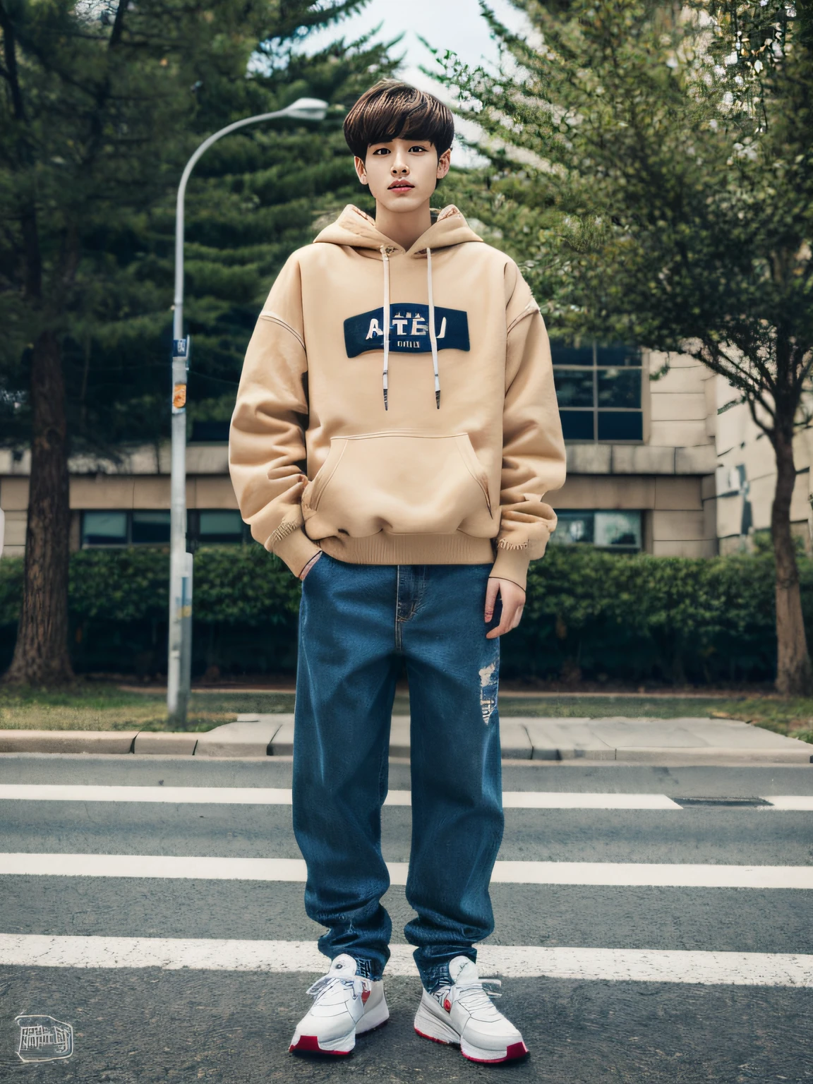(RAW photo:1.2), (Photorealistic:1.4),Beautiful detailed woman,very detailed eyes and faces, A detailed eye, ultra - detailed, A high resolution, The is very detailed,best qualtiy,illustratio,unified,8k 壁纸,tmasterpiece,best qualtiy,A group of boys stood，Handsome young man，Tall guy，short detailed hair，looking at viewert, full bodyesbian,brown  hair,Sweatshirt,denim pant,athletic sneakers，buliding
