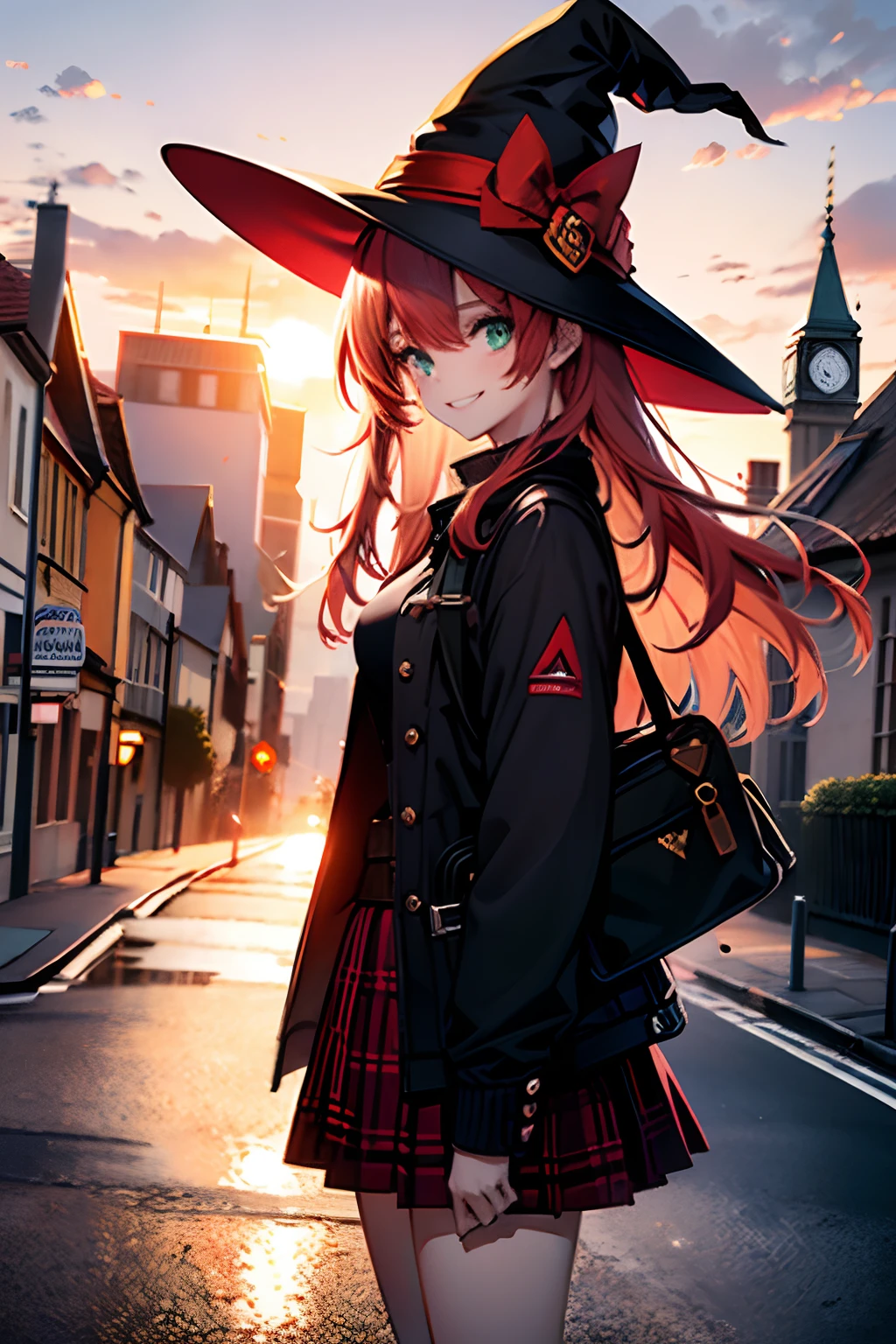 Girl, red hair, green eyes, smiling, pale clothes, scabies on face, witch hat, black hat, brown jacket, girl's modern style, red plaid skirt, in a city in Europe, British country, Clock tower in the background, 4k, Sunset