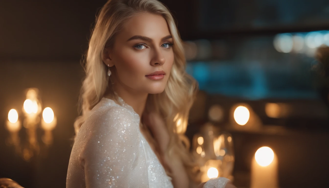 realistic white female instagram influencer, best quality, blonde, 1 girl, blue eyes, in white tight short dress,photorealistic, hyperrealistic, detailed, 8k, HDR, (Soft color: 1.2), shallow depth of field, broad light, high contrast, backlighting, bloom, light sparkles, chromatic aberration, sharp focus, RAW color photo
