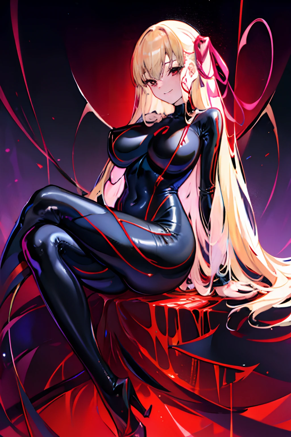 Carefully draw the face High-quality faces in anime style a blond Shiny black full body suit Red lines all over the body huge tit Big ass Whip thighs seductiv a smile succubus sitting cross-legs