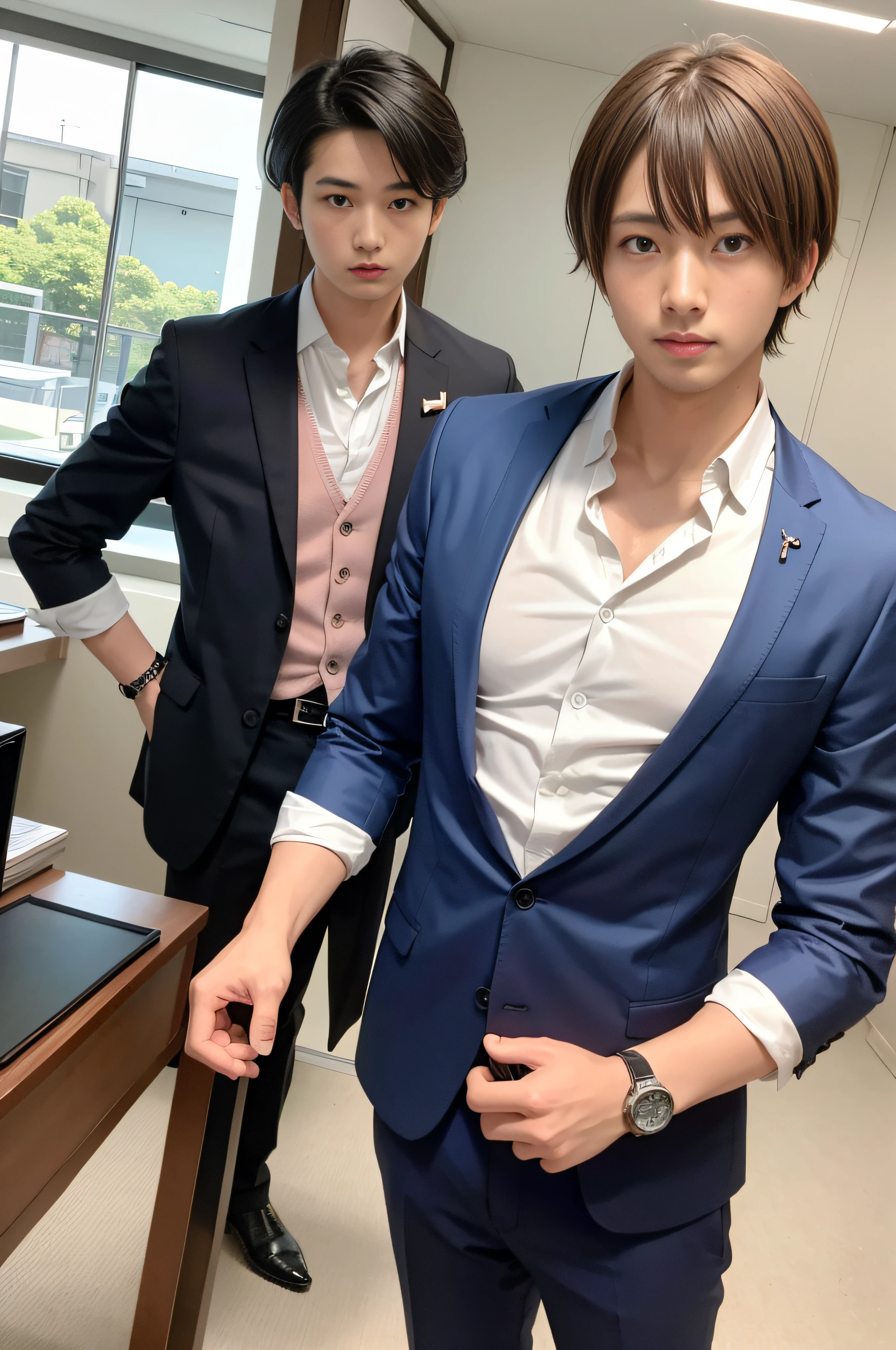 23years old、Men in Japan、1人、businessman、Standing with arms crossed、Confident face、Ultra-luxury suits、Striped suit、 s Office、Wearing a suit、twinks、(Highly detailed photos in 8K)、(Very detailed handsome man)、beautidful eyes、Photo Real、(top-quality)、ultra-detailliert、masterpiece、An ultra-high picture quality、tall、Very beautiful hair、Bright photo、modeled、idol、luxury watch、
