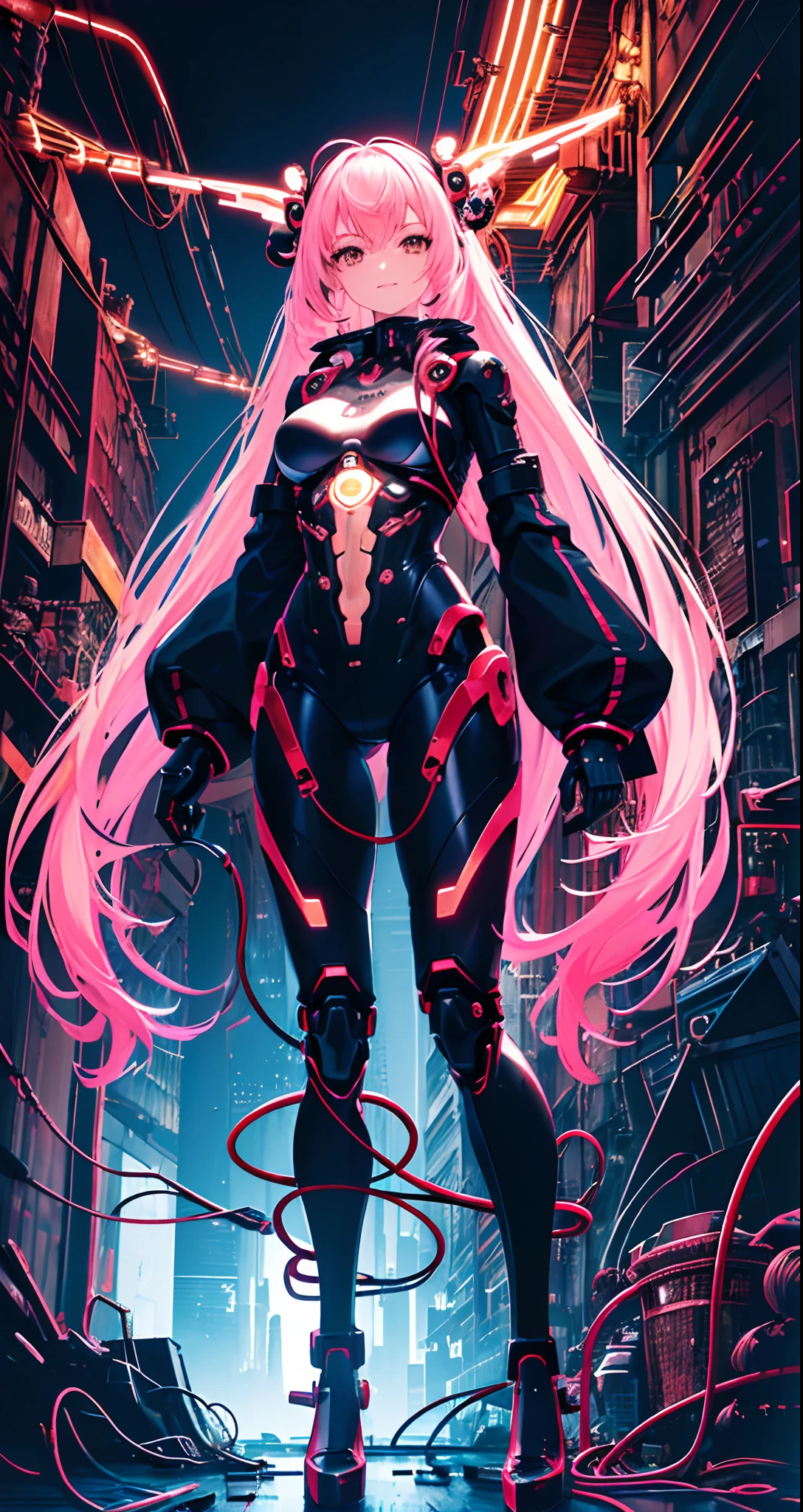(((masutepiece))), (((Best Quality))), ((Ultra-detailed)), (High Definition CG Illustration), ((extremely delicate and beautiful)),Cinematic Light,((1mechanical girl)),Solo,Full body,Long hair,(Machine-made joints:1.2),((machanical limbs)),(blood vessels connected to tubes),(mechanical vertebra attaching to the back),((mechanical cervial attaching to neck)),A smile,(wires and cables attaching to neck:1.2),(wires and cables on head:1.2)(Character Focus),Science fiction,ighly detailed,Colorful,highest details, Cyberpunk hacker girl, Dowdy Hoodie, Long sleeves, Costume based on pink, Chestnut twin-tailed hair, high heels boots, Digital Painting, 8K High Resolution, trend artstation, White background, Whole body, Mechanized limbs