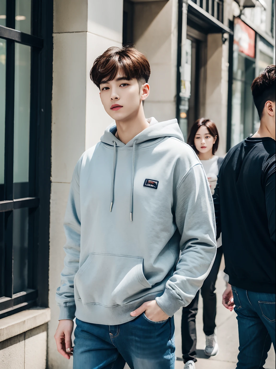 (RAW photo:1.2), (Photorealistic:1.4),Beautiful detailed woman,very detailed eyes and faces, A detailed eye, ultra - detailed, A high resolution, The is very detailed,best qualtiy,illustratio,unified,8k 壁纸,tmasterpiece,best qualtiy,A group of boys stood up,Handsome young man,Tall guy,short detailed hair,looking at viewert, full bodyesbian,brown hair,Sweatshirt,denim pant,athletic sneakers,buliding