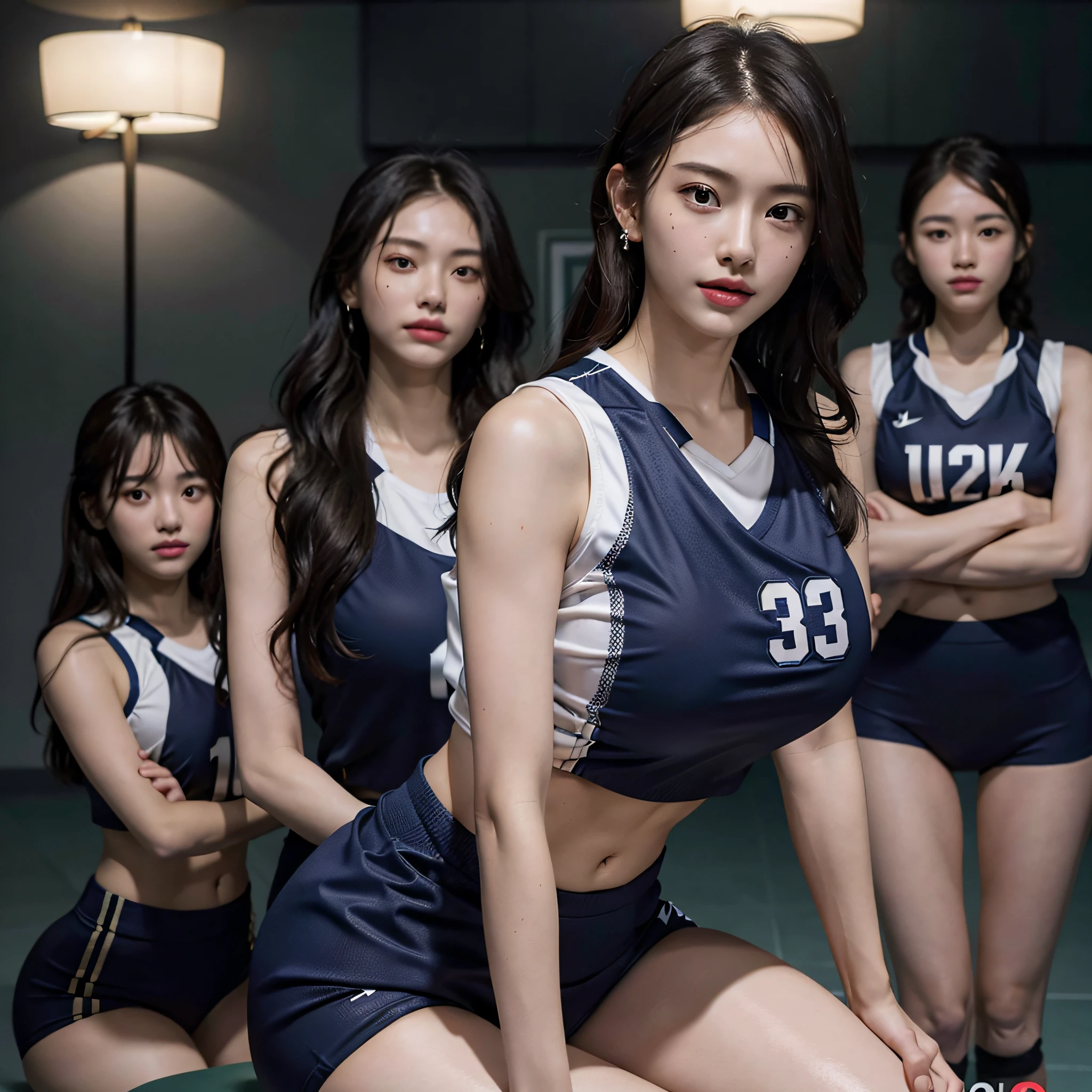 absurdres, RAW photo, extremely delicate and beautiful, masterpiece, Best Quality, ultra high resolution, 16k, hyperrealistic, ultra-detailed, Very detailed CG 8k wallpaper, Beautiful Lighting, Perfect Lightning, Realistic Shadows, perfect anatomy, super Detailed skin, perfect figure, Japanese woman, in her 20s, very Slim body, narrow waist, very small head, handsome detailed woman, very detailed eyes and face, realistic face proportions, Stunning detailed eyes, Realistic beautiful face, very small face, Realistic small beautiful eyes, double eyelids, makeup, tearful mole, mole on chest, earring, bare legs, beautiful and very thin legs, beautiful and very thin thighs, (((very huge round breasts))), short hair, wavy hair, sweat, (full body shot), (((((3 girls))))), (((volleyball uniform))), sleeveless, bare arms, bare legs, tight-fitting, midriff peek