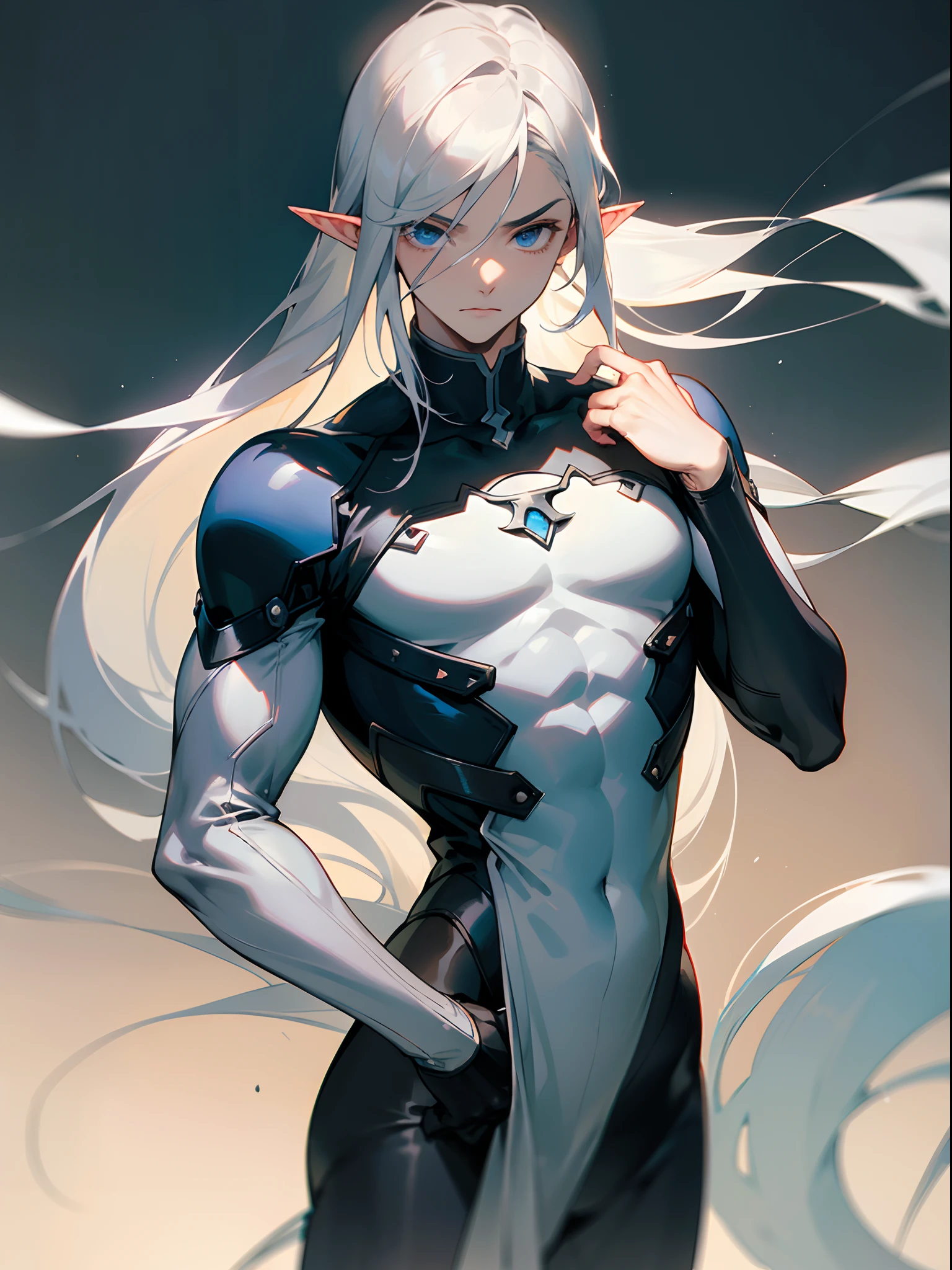 (masterpiece, best quality )detailed, 1Character ,  pastel washed out colors , cell shade , soft, muted shades ,gentle colors , blue archive art style, Wearing a mix of sword art online and futuristic style clothes , Handsome man , very pale skin , silver hair , extremely long hair , blue eyes , elf ears , muscular, male , has long, flowing silver hair that falls gracefully down his back, nearly reaching his waist. It shimmers with an otherworldly brilliance, face is chiseled and angular, with sharp, defined features, His brows are elegantly arched, incredibly tall and lithe, body is sculpted with well-defined muscles, age 44