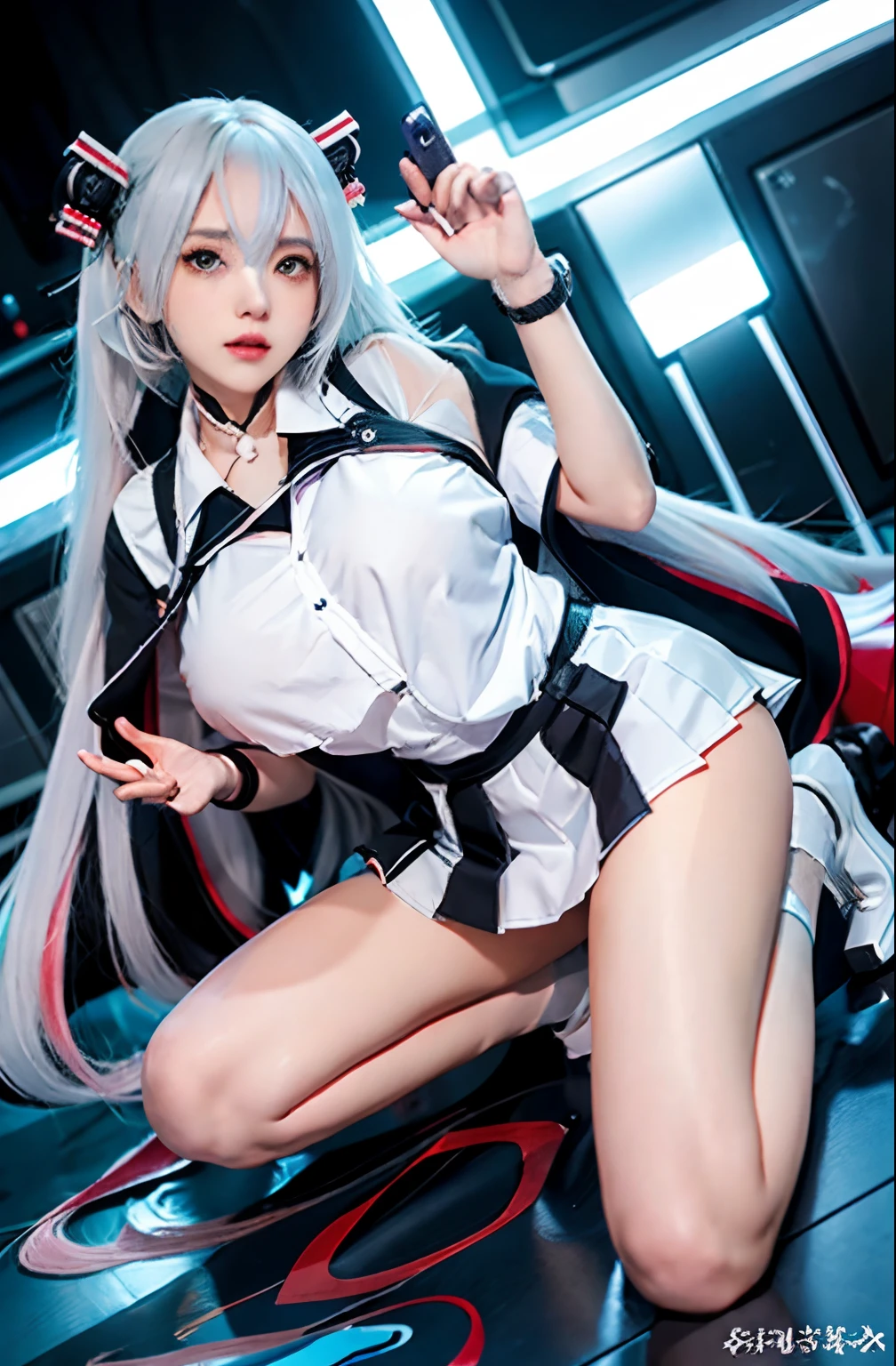 Anime girl sitting on floor with long white hair holding cell phone, from girls frontline, Kantai collection style, Fine details. Girl Front, girls frontline style, seductive anime girls, (sfv) safe to work, Girls Frontline CG, azur lane style, the anime girl is crouching, thicc, Girl Front, beautiful anime girl crouching