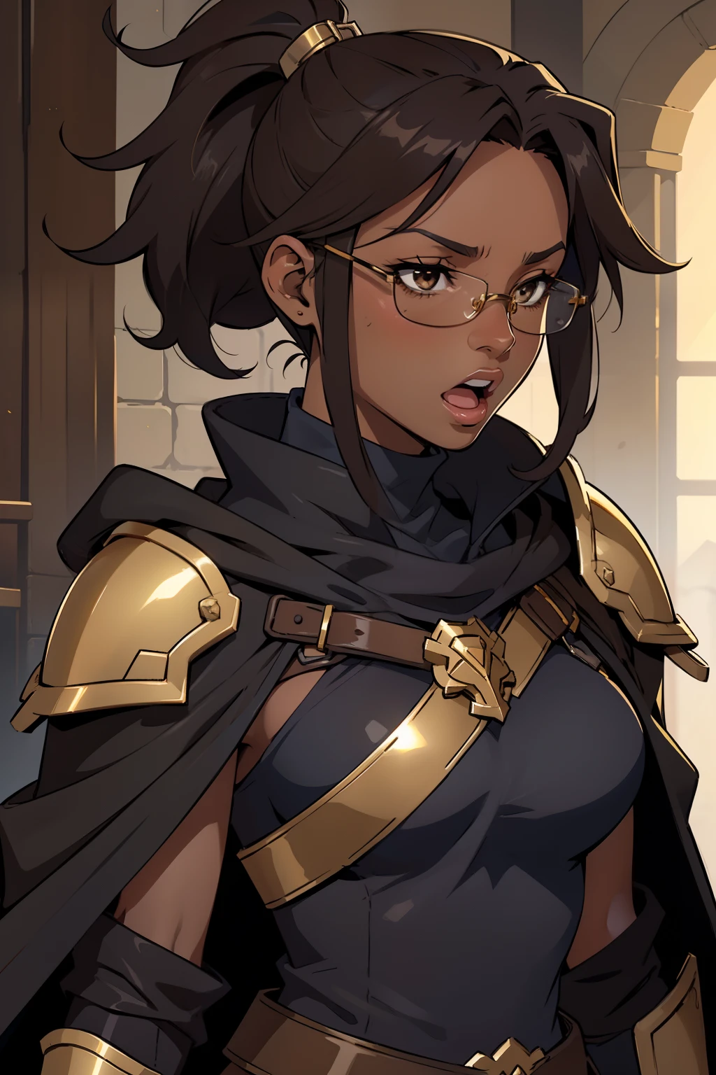 Solo, female, dark skin, very dark brown hair, messy hair, short hair, hazel eyes, open mouth, glasses, ponytail, navy blue tunic, black cloak, gold accents, gold armor, gold chestpiece
