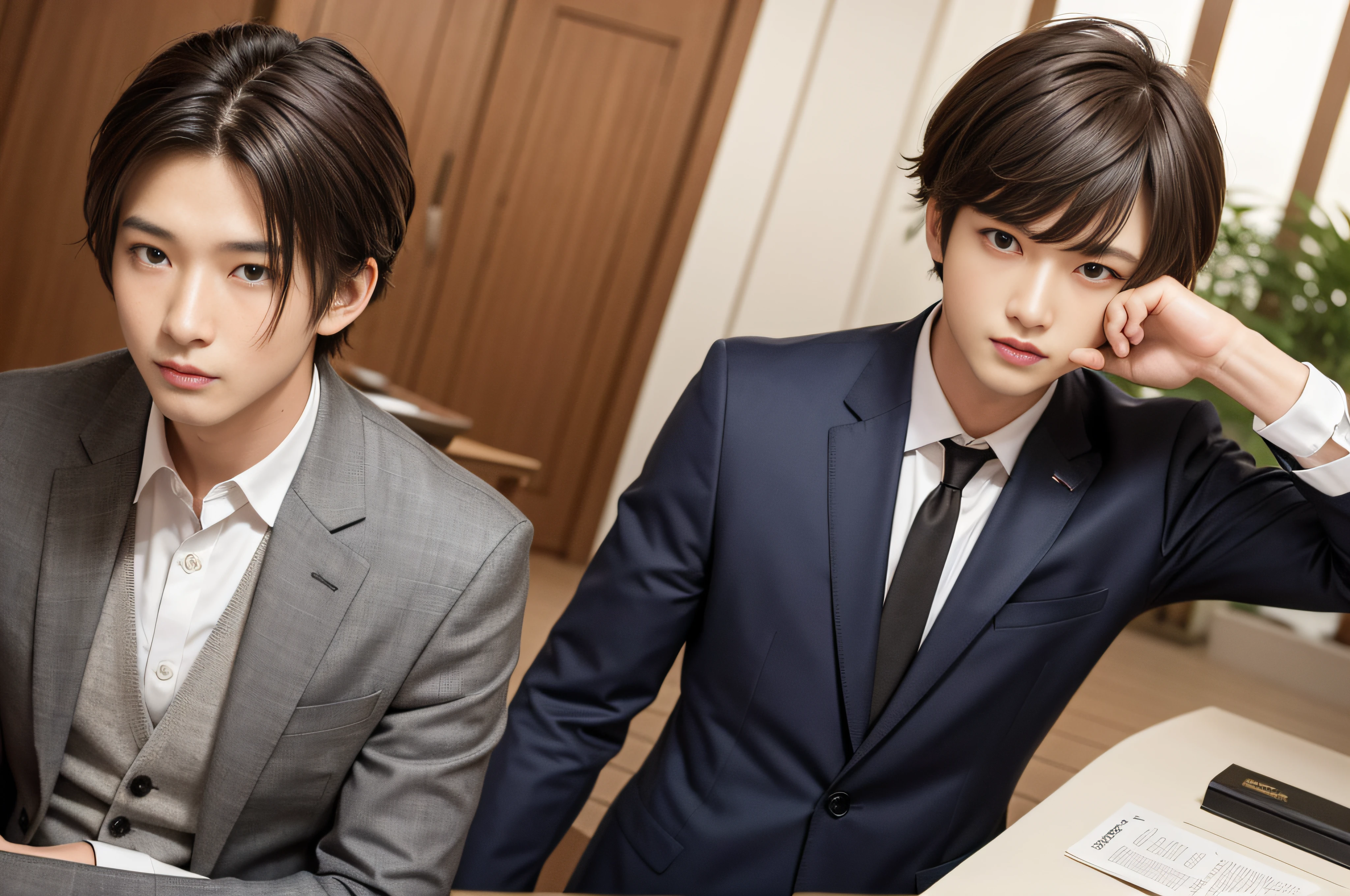 23years old、Men in Japan、1人、businessman、Standing with arms crossed、Confident face、Ultra-luxury suits、Striped suit、　s Office、Wearing a suit、twinks、（Highly detailed photos in 8K）、（Very detailed handsome man）、beautidful eyes、Photo Real、（top-quality）、ultra-detailliert、​masterpiece、An ultra-high picture quality、tall、Very beautiful hair、Bright photo、modeled、idol、luxury watch、