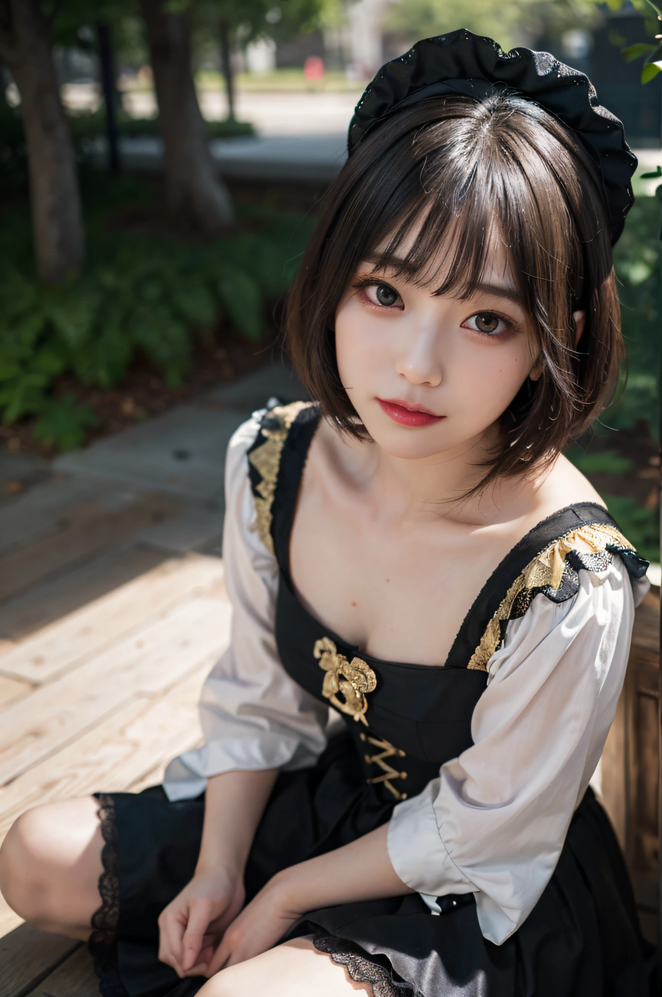 One Woman,Black and gold Gothic Lolita,wariza,Petanko sitting,Cute face,Big eyes,Cool Face,Purple Shorthair,Looking at Viewer,plein air,masutepiece, extremely fine and beautiful,Photorealistic,Japanese