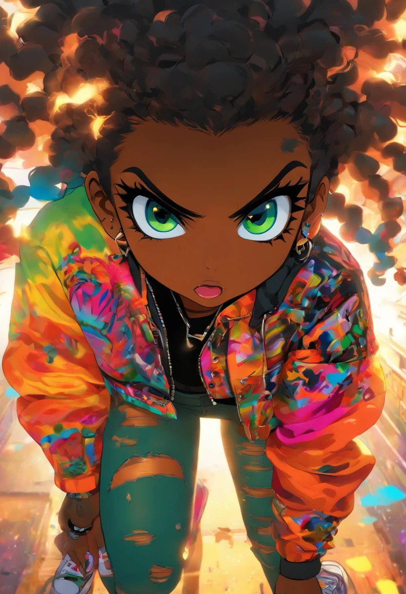 The most beautiful and big boob big thighs, slim waist, sexy punk rock girl, black Afro, crop top under jacket cabello color arco iris, ojos amarillos, dark skin, usar una sudadera con capucha, Graphic design jacket and torn skinny jeans, toneladas de tatuajes y piercings, Obra maestra perfecta, alta calidad, High resolution,