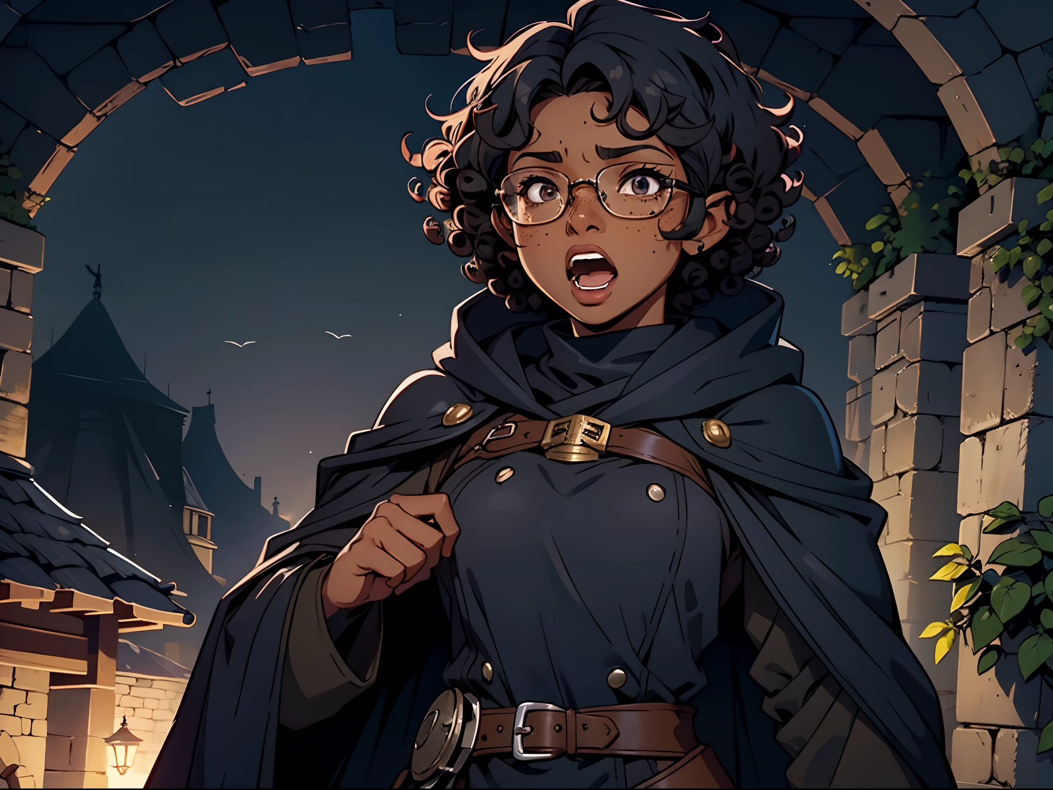 Solo, female, open mouth, terrified, (dark skin), glasses, (((short hair, curly hair))), black hair, (knight), fantasy village, tunic, (navy cloak), freckles