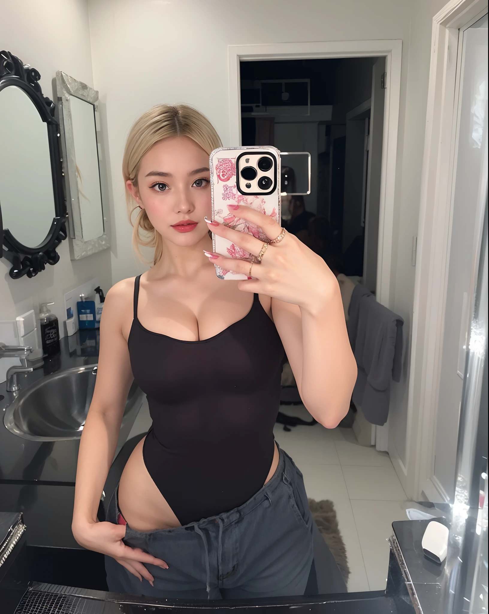 blond woman taking a selfie in a bathroom mirror with her phone, thicc, wearing a black bodysuit, tight outfit, 21 years old, kailee mandel, 18 years old, angelawhite, tight attire, profile image, 1614572159, tiny waist, she is wearing a black tank top