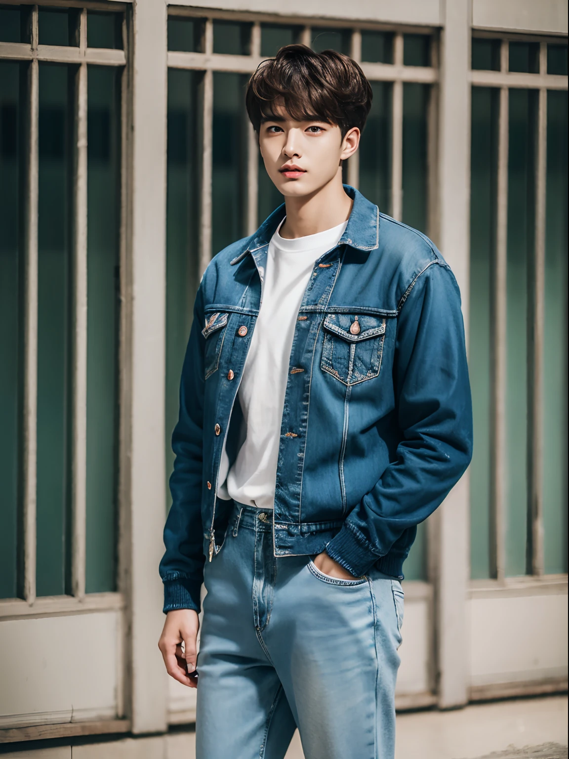 (RAW photo:1.2), (Photorealistic:1.4),Beautiful detailed woman,very detailed eyes and faces, A detailed eye, ultra - detailed, A high resolution, The is very detailed,best qualtiy,illustratio,unified,8k 壁纸,tmasterpiece,best qualtiy,A group of boys stood up，Handsome young man，Tall guy，short detailed hair，looking at viewert, full bodyesbian,brown  hair,Sweatshirt,denim pant,athletic sneakers，buliding
