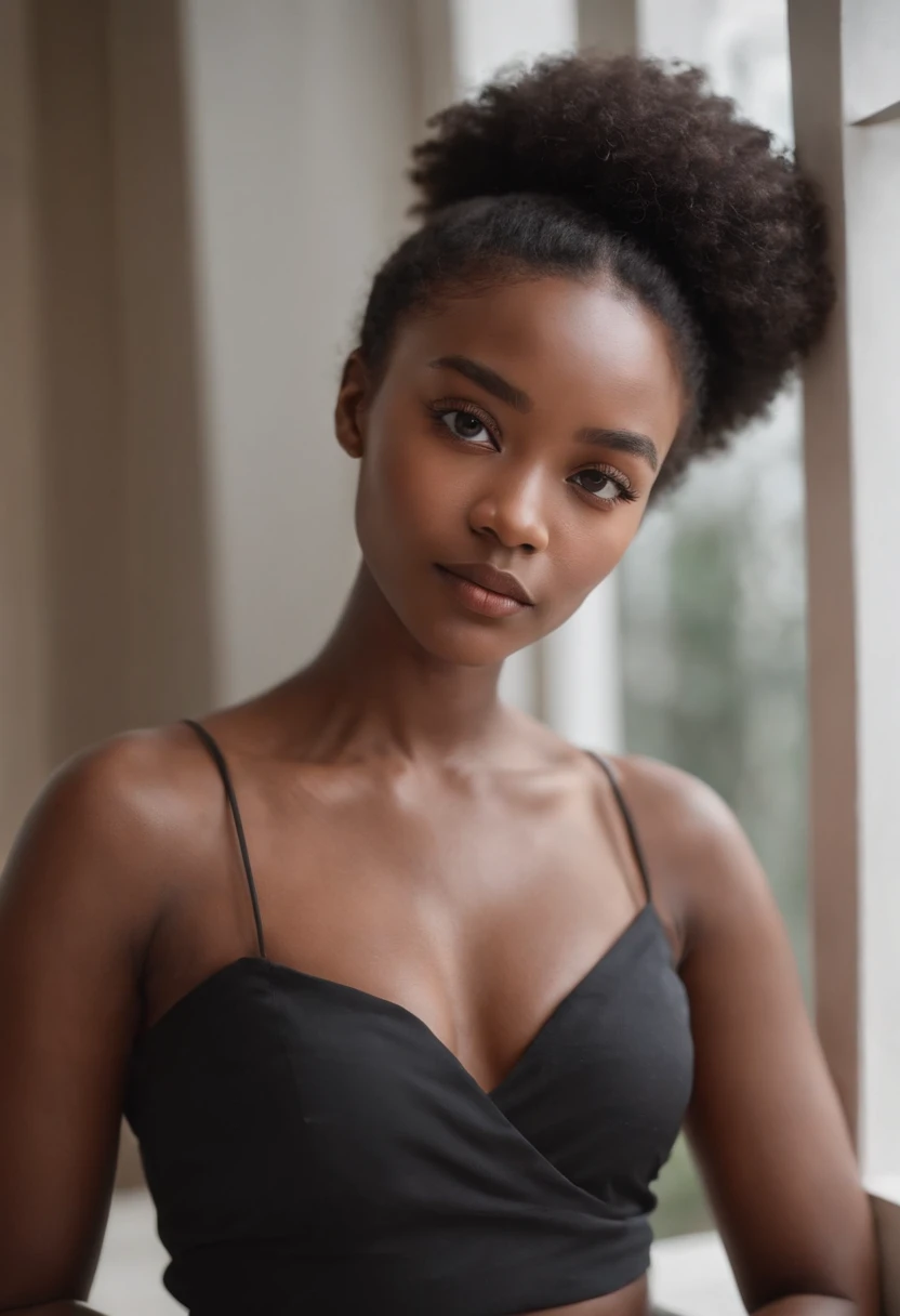 Un soutien-gorge, Masterpice Photorealistic Big Black Woman Full Body Perfect Body, visage parfait, Souriant, Cadre de distance, negligee