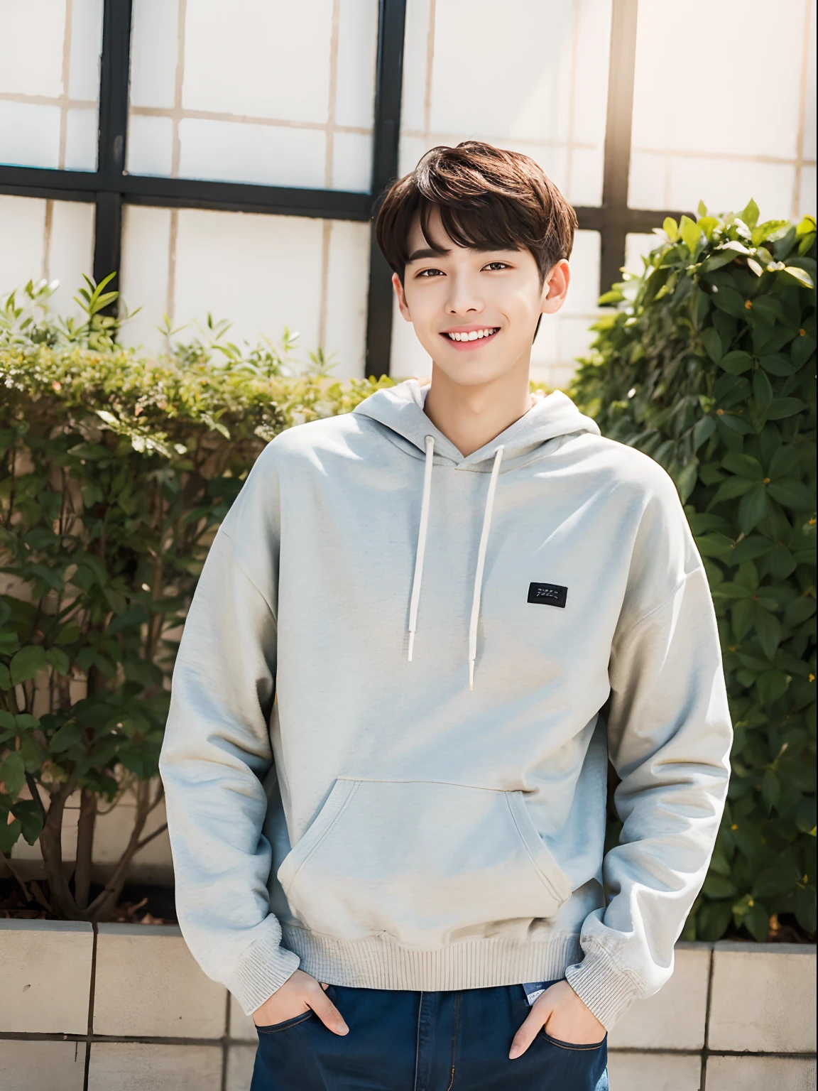(RAW photo:1.2), (Photorealistic:1.4),Beautiful detailed woman,very detailed eyes and faces, A detailed eye, ultra - detailed, A high resolution, The is very detailed,best qualtiy,illustratio,unified,8k 壁纸,tmasterpiece,best qualtiy,A boy stood,sunshine smile,Sunshine Youth,Handsome young man,Tall guy,short detailed hair,looking at viewert, full bodyesbian,brown hair,Sweatshirt,denim pant,athletic sneakers,buliding