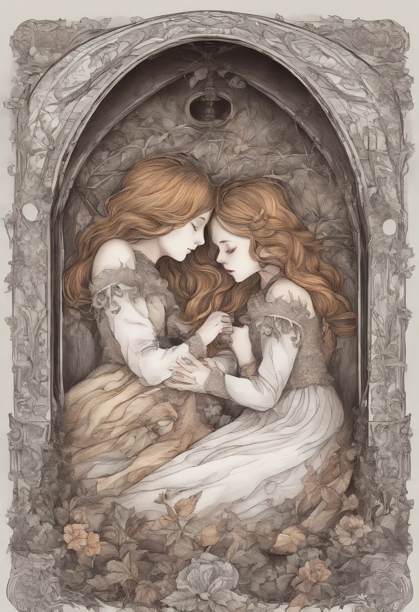 Twin sisters sleeping in a coffin