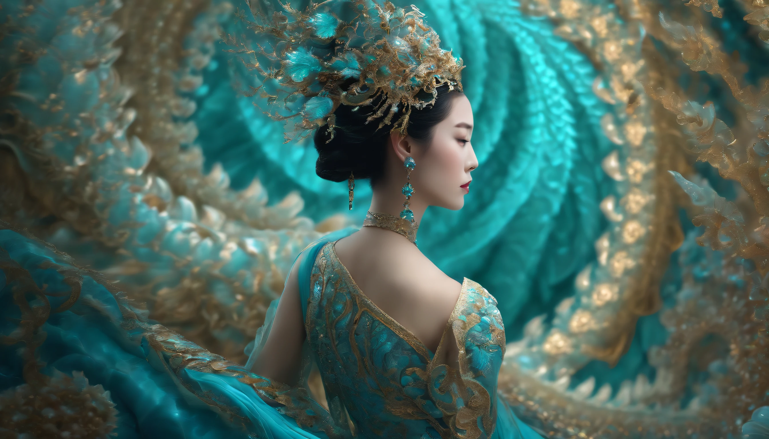 *8k Masterpiece, Top Quality, Best Quality, Official Art, (Beauty and Aesthetics: 1.3), Extremely Detailed, (Fractal Art: 1.3), Colorful, Ice and Chinese Dragon, Serpentine Body, Claw, Cyan and 1 Woman, Han Woman's Media, Hanfu, Cyan