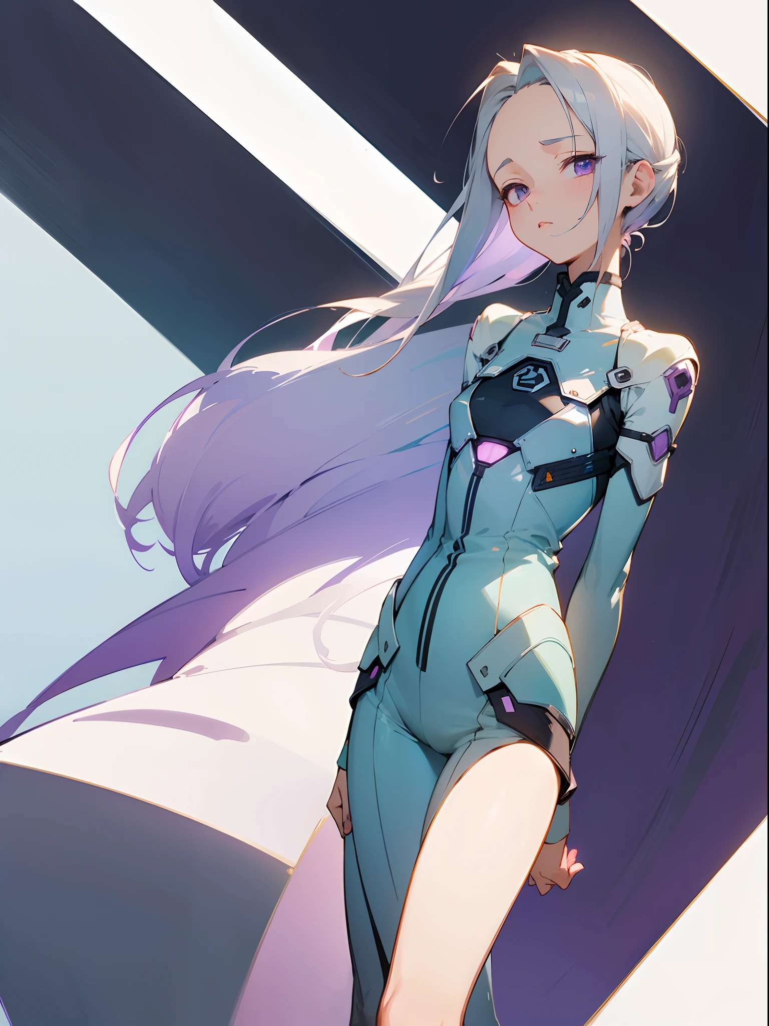 (masterpiece, best quality )detailed, 1Character ,  pastel washed out colors , cell shade , soft, muted shades ,gentle colors , blue archive art style, Wearing a mix of sword art online and futuristic style clothes , Older woman , white hair , a few wrinkles, large forehead, slim figure , small chest , purple eyes , age 53