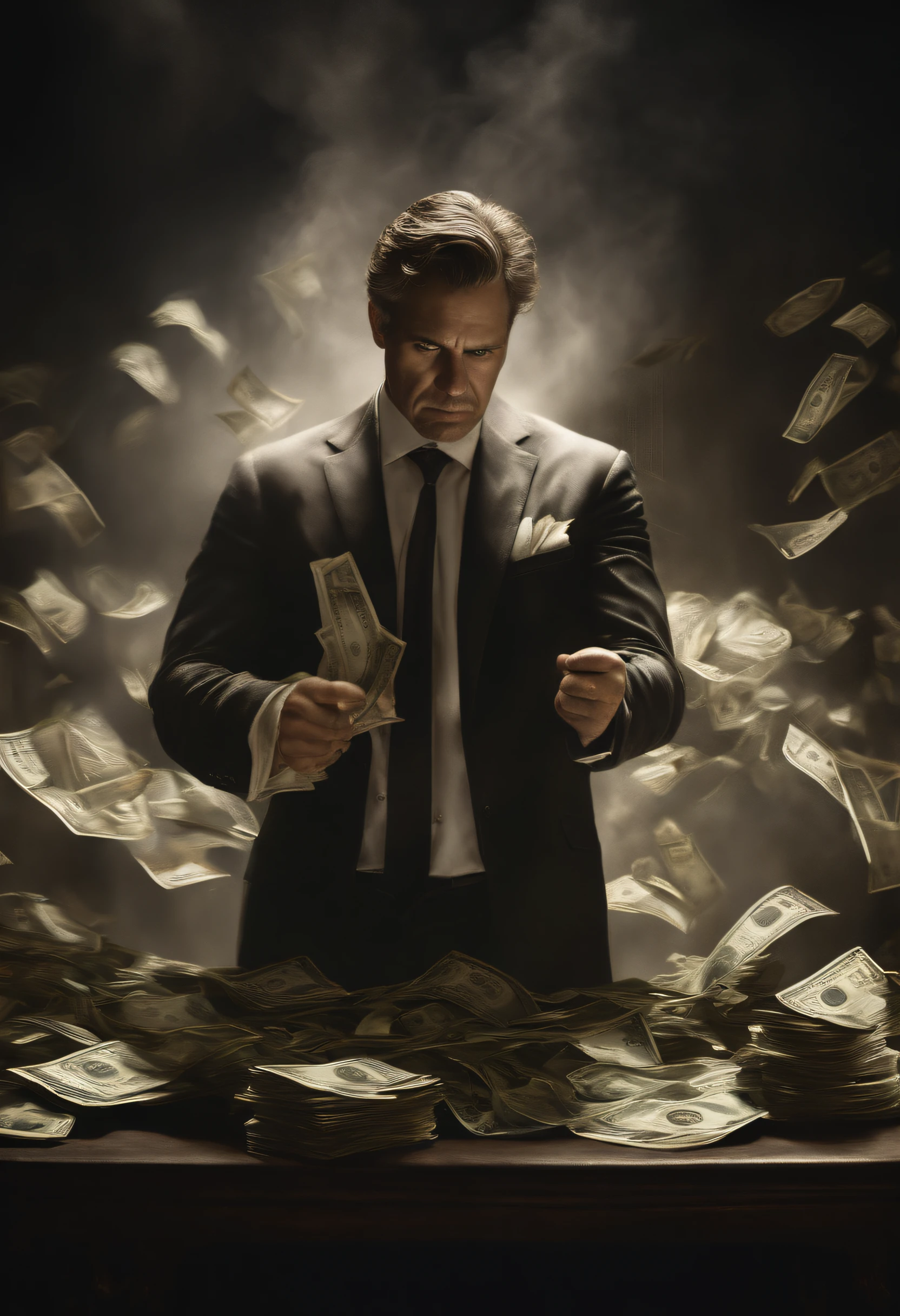 a man fighting against money, oil painting, harsh brushstrokes, dramatic lighting, intense expression, determined eyes, clenched fists, sweat dripping down his face, wrinkled suit, broken chains, crumbling dollar bills, crumbling stock market graph, smoke rising in the background, black and white with a touch of gold, realism. (best quality, highres, ultra-detailed), (realistic:1.37), professional, vivid colors.