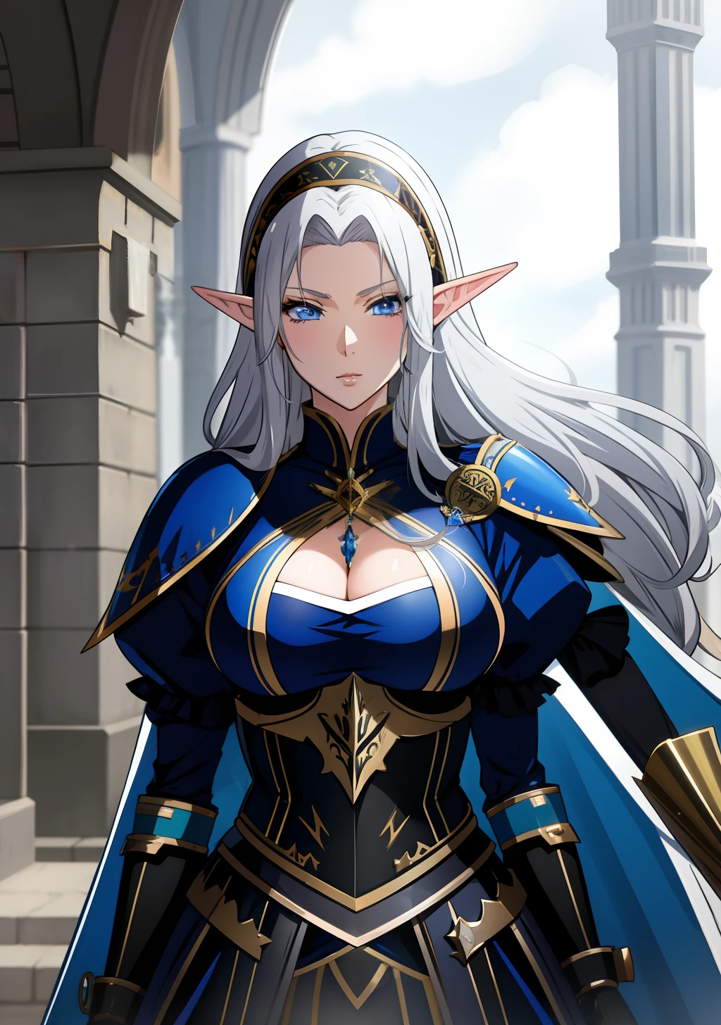 Blue gold Knight armor, knight helmet, skirt, huge tits, head band, busty, silver hair, elf ears, cool face, beauty mark under eyes, blue eyes, long hair, intrincate details, detailed, masterpiece, best quality, 4K, HDR, royal hall, gothic building, upperbody,