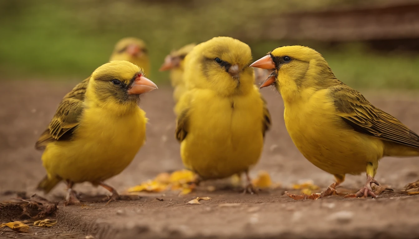 Several canaries eating on the ground with other birds