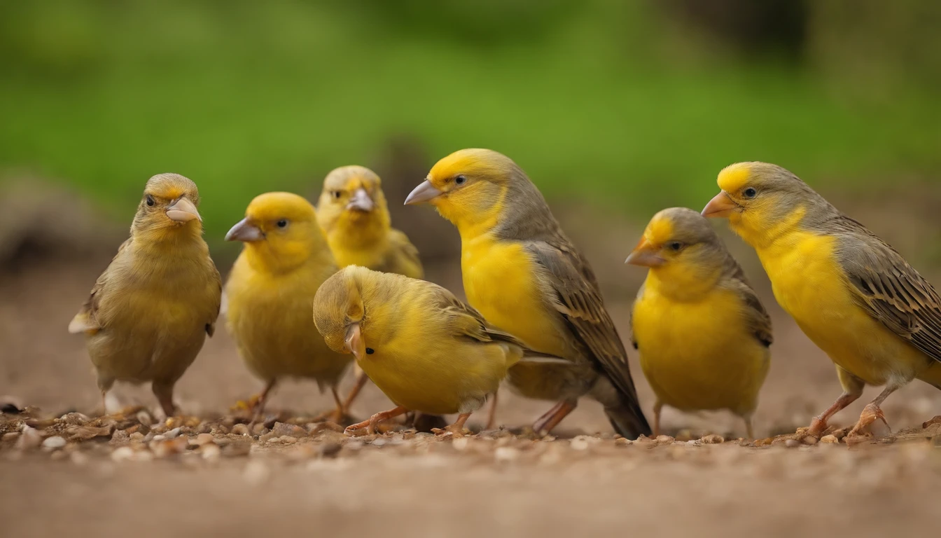 Several canaries eating on the ground with other birds