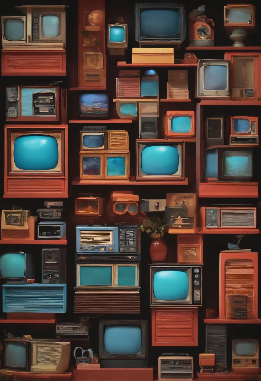 The three-dimensional 1980s TV occupies most of the screen, surrounded by some products of the same era, playful style, virtual city, Pixar style